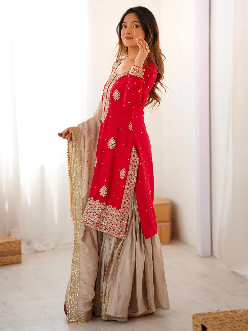 Red Gorgeous Embroidered Silk Festival Wear Sharara Suit With Dupatta