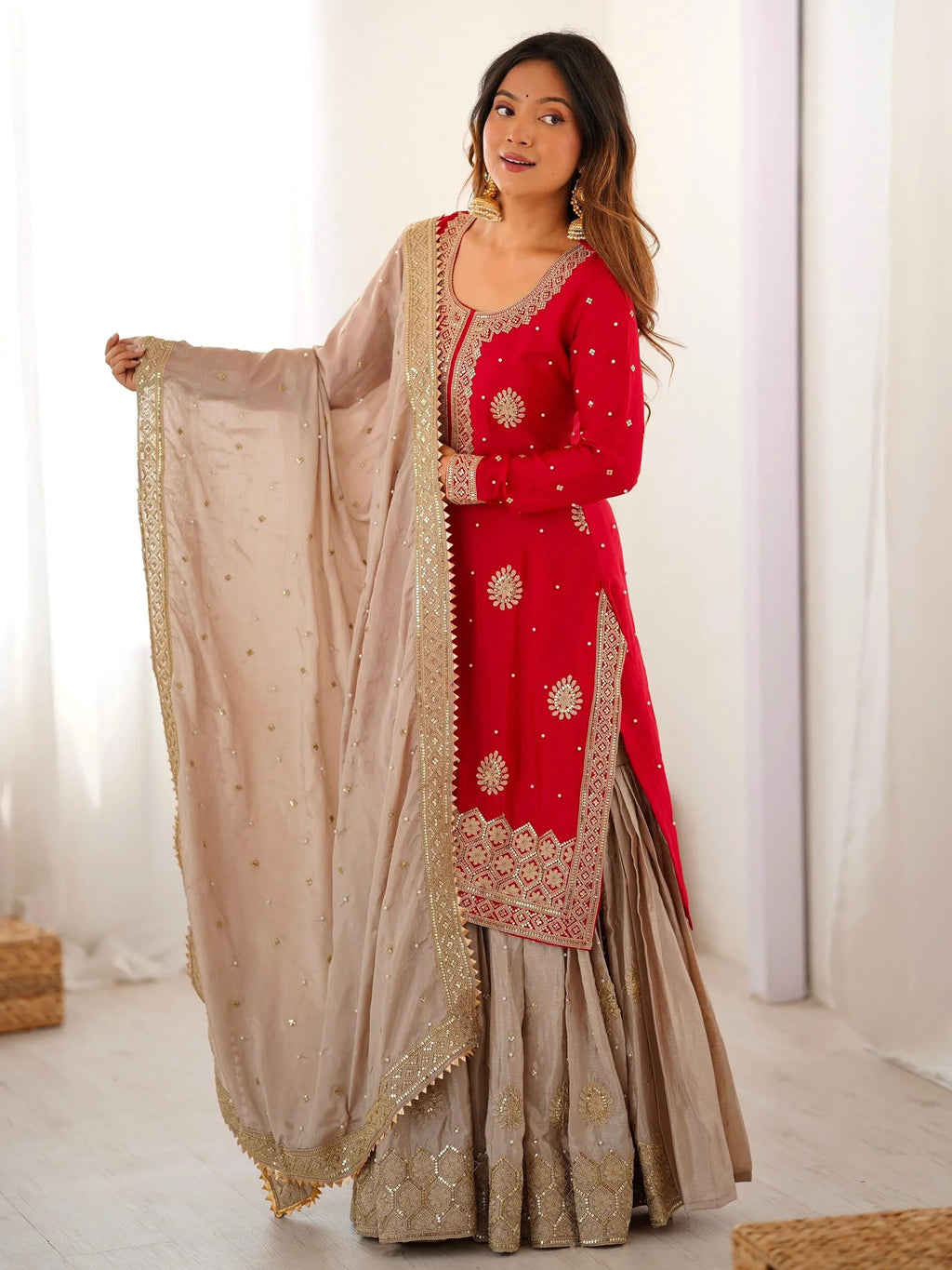Red Gorgeous Embroidered Silk Festival Wear Sharara Suit With Dupatta