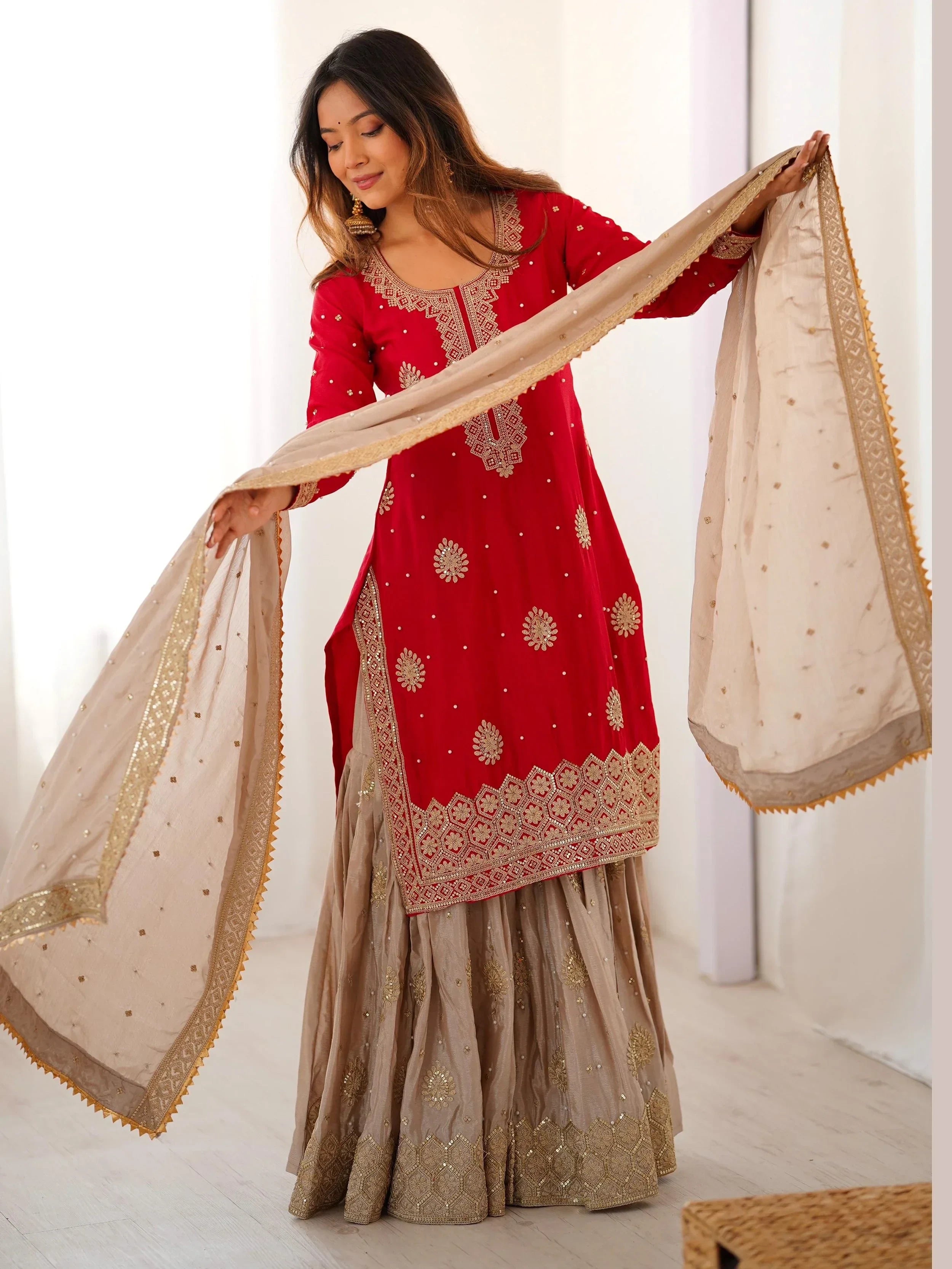 Red Gorgeous Embroidered Silk Festival Wear Sharara Suit With Dupatta