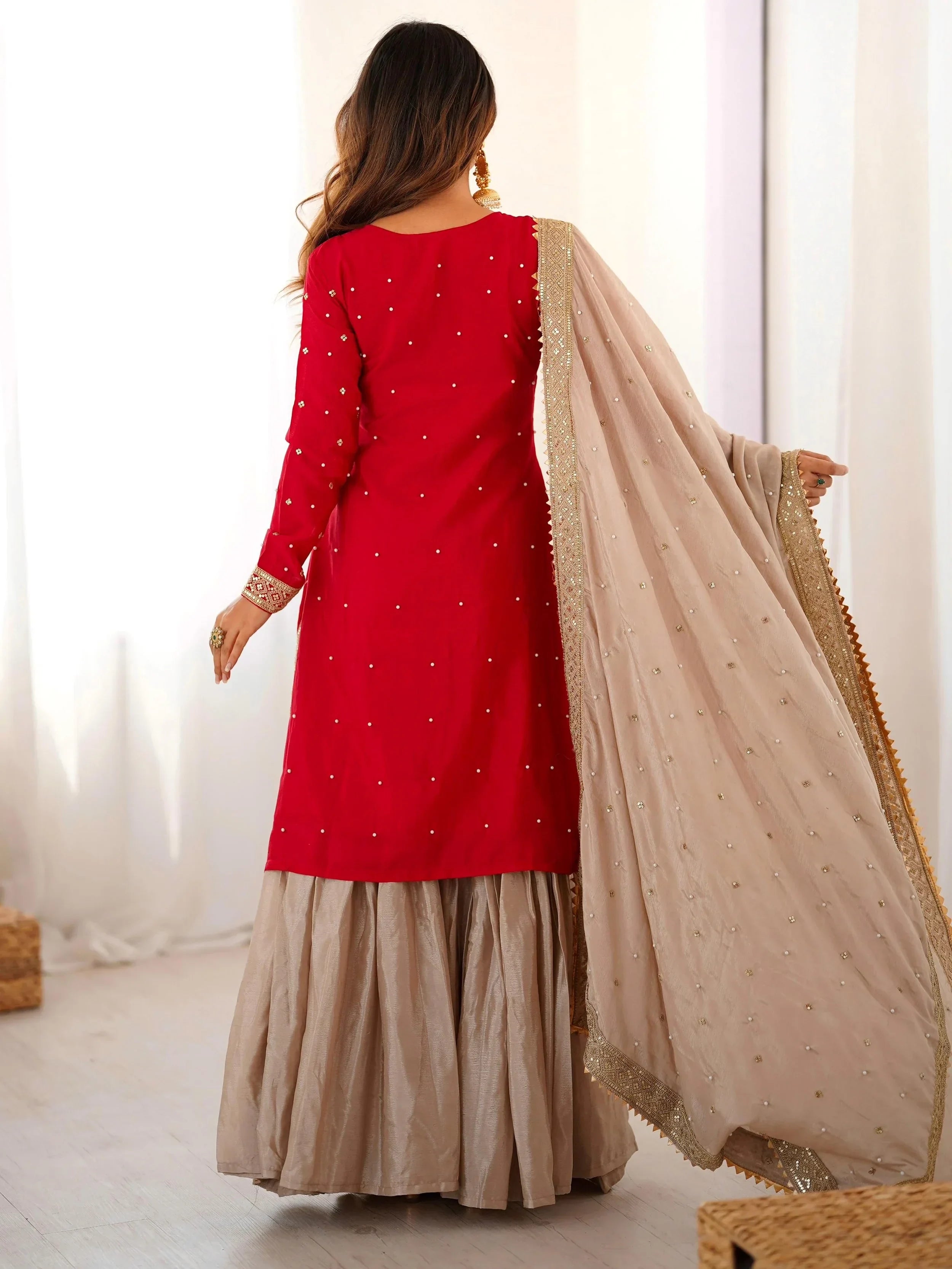 Red Gorgeous Embroidered Silk Festival Wear Sharara Suit With Dupatta