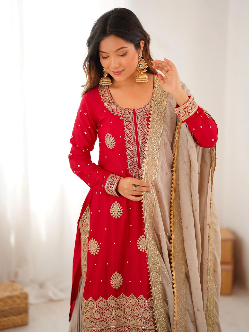 Red Gorgeous Embroidered Silk Festival Wear Sharara Suit With Dupatta
