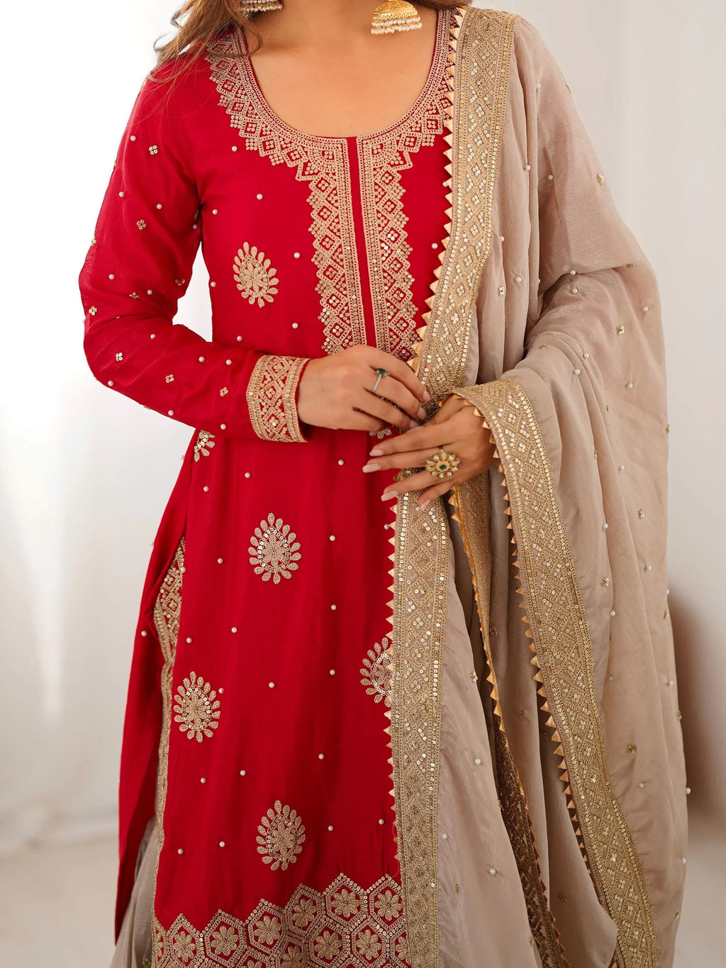 Red Gorgeous Embroidered Silk Festival Wear Sharara Suit With Dupatta