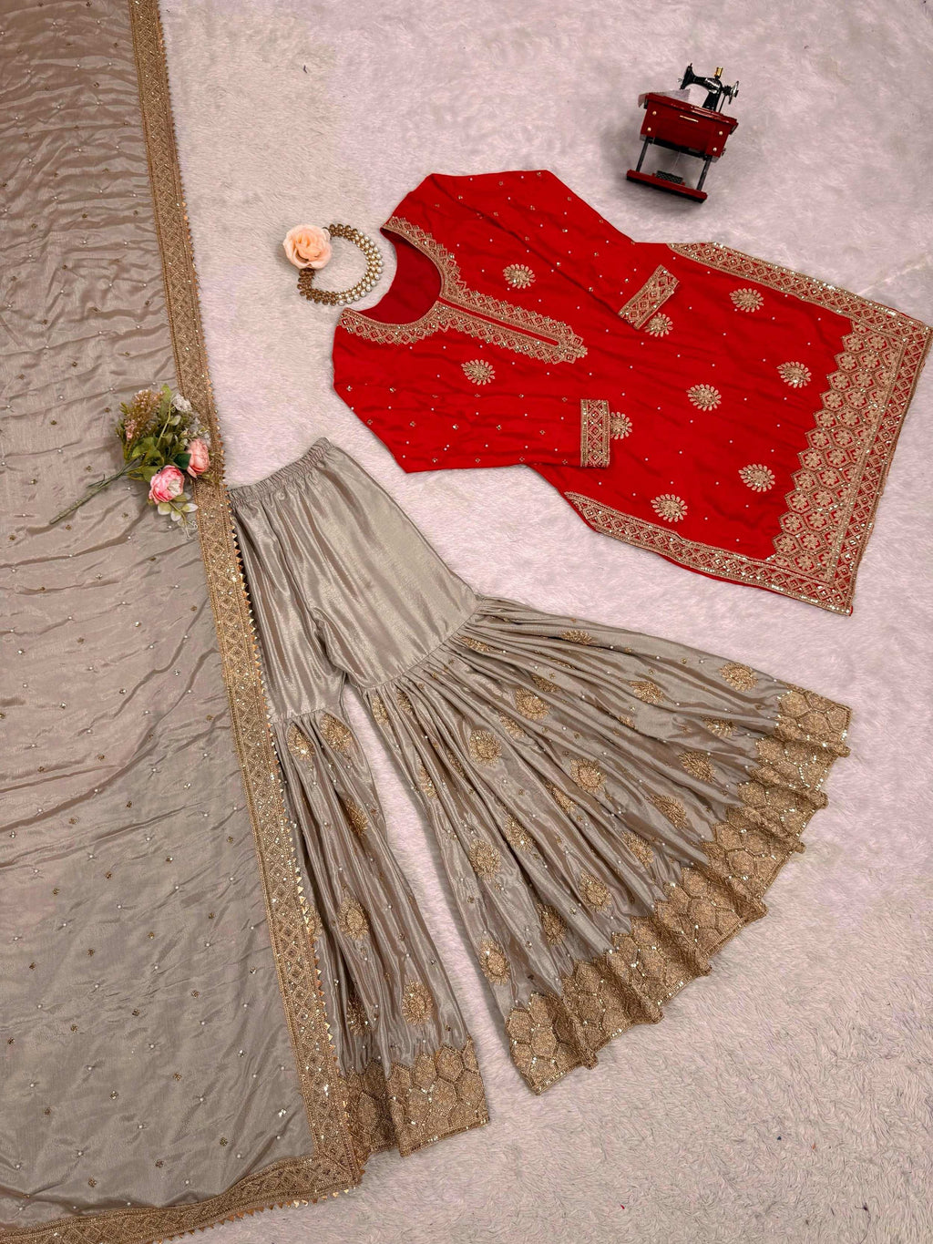 Red Gorgeous Embroidered Silk Festival Wear Sharara Suit With Dupatta