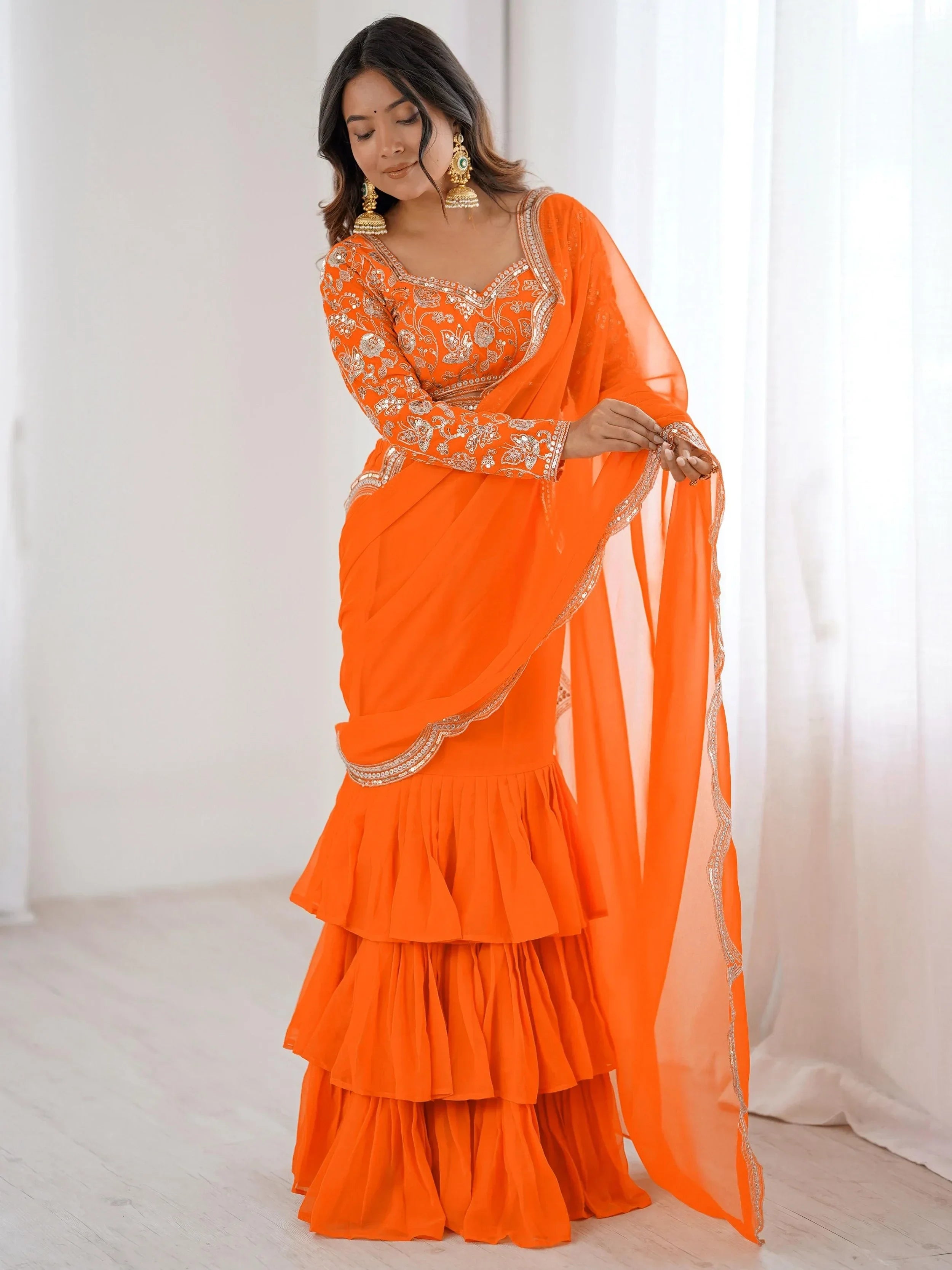 Orange Graceful Sequins Georgette Festival Wear Lehenga Saree