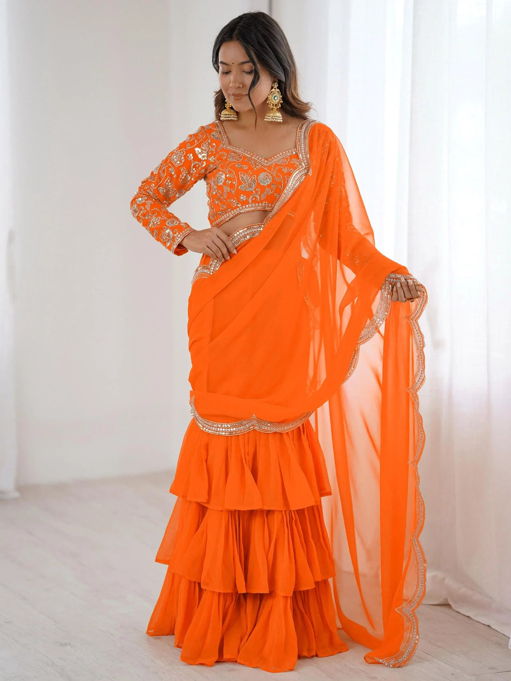 Orange Graceful Sequins Georgette Festival Wear Lehenga Saree