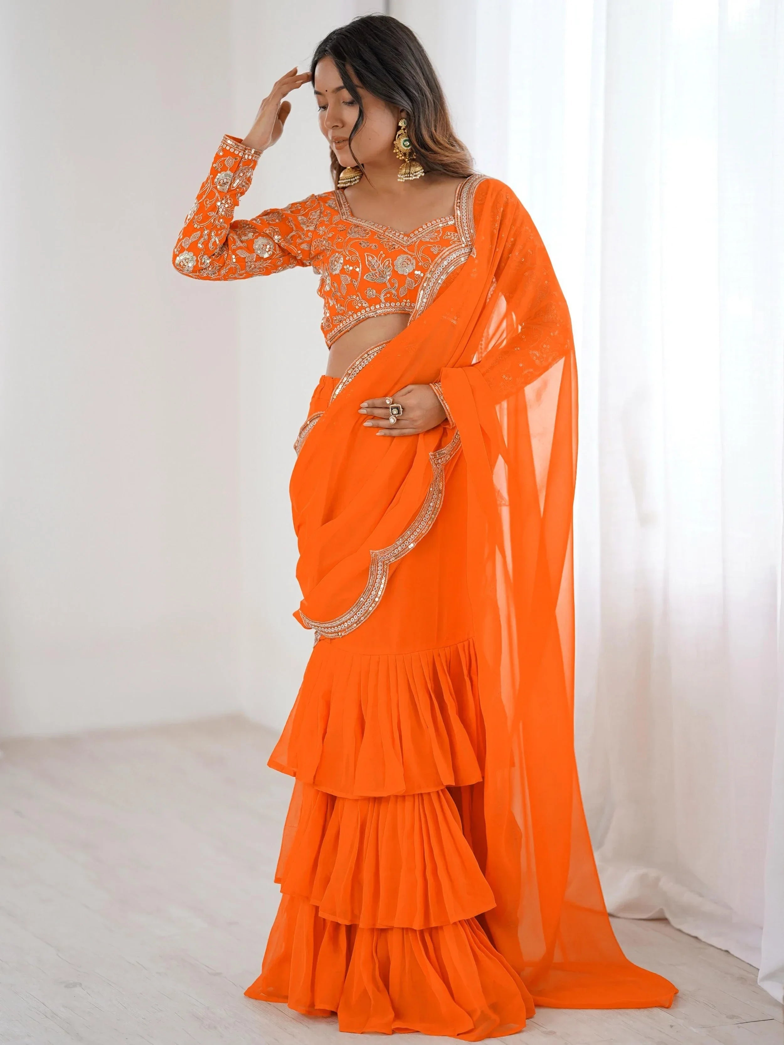 Orange Graceful Sequins Georgette Festival Wear Lehenga Saree