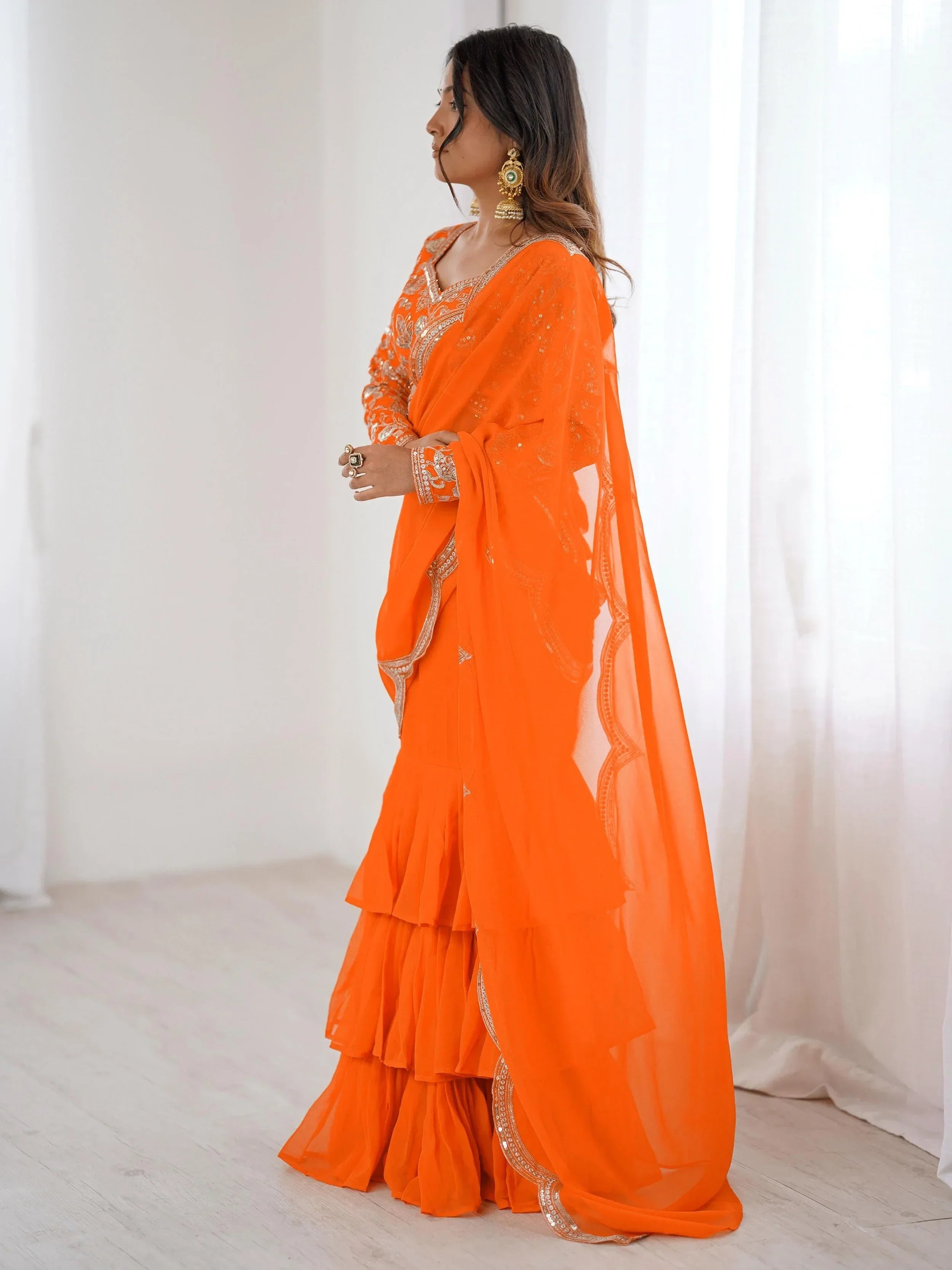 Orange Graceful Sequins Georgette Festival Wear Lehenga Saree