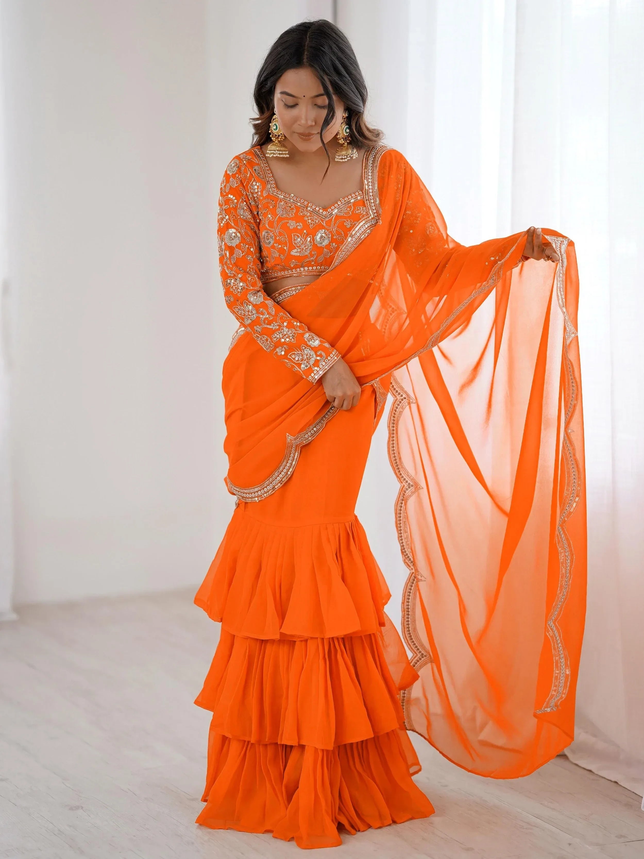 Orange Graceful Sequins Georgette Festival Wear Lehenga Saree