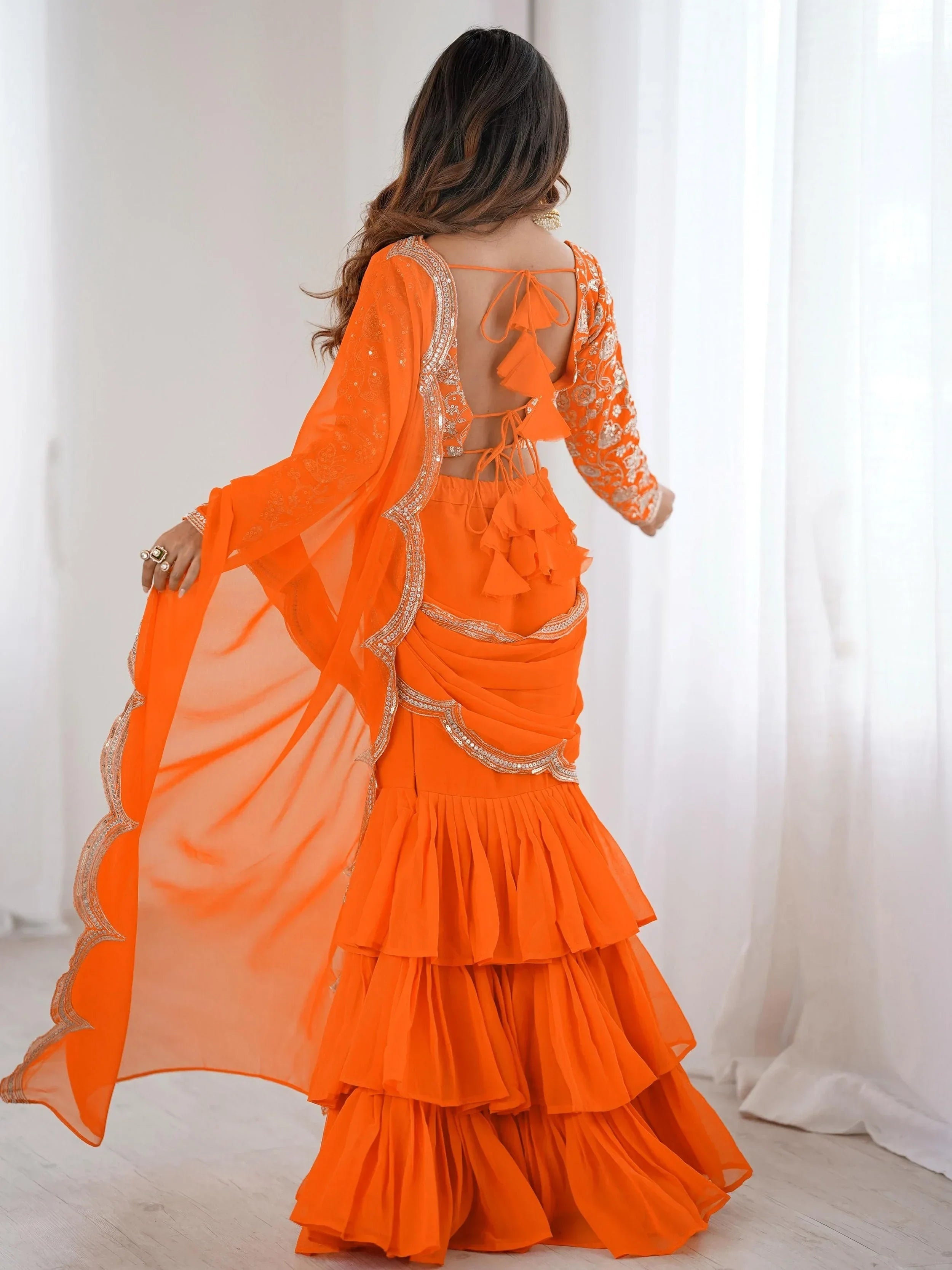 Orange Graceful Sequins Georgette Festival Wear Lehenga Saree