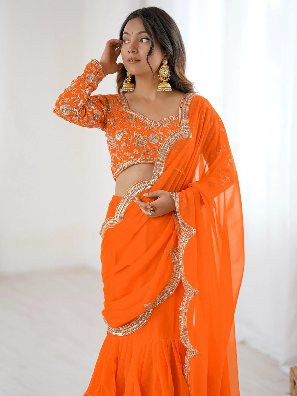 Orange Graceful Sequins Georgette Festival Wear Lehenga Saree
