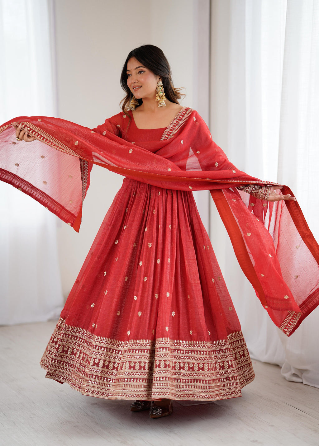Rust Pure Crunchy Silk Anarkali Suit Set With Huge Flair & Dupatta
