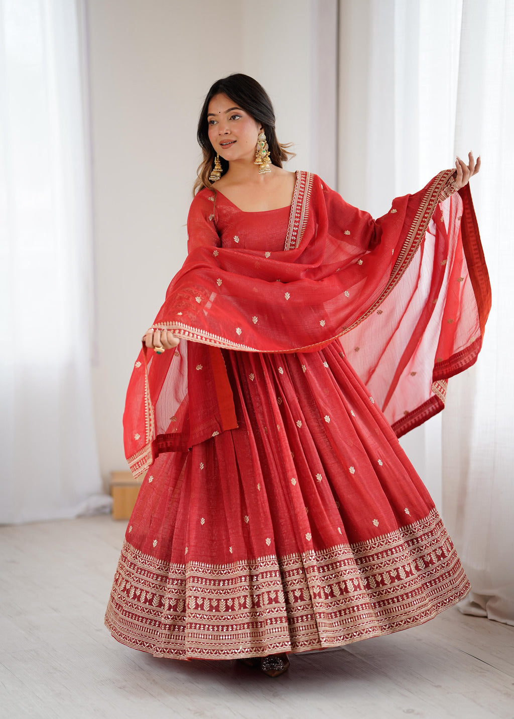 Rust Pure Crunchy Silk Anarkali Suit Set With Huge Flair & Dupatta