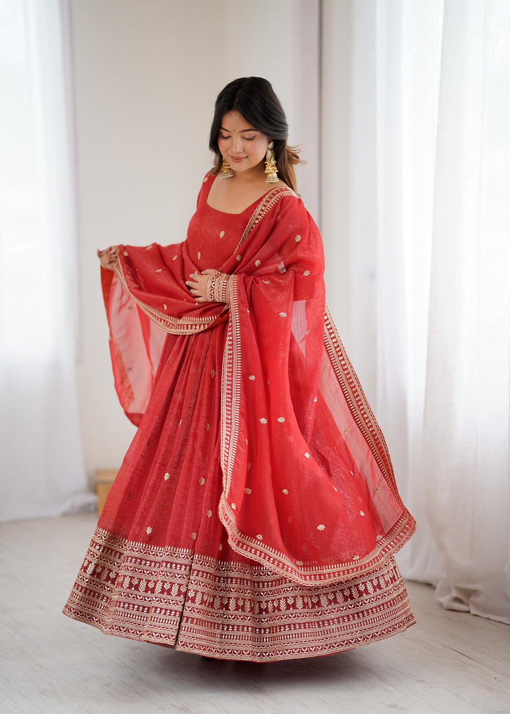 Rust Pure Crunchy Silk Anarkali Suit Set With Huge Flair & Dupatta
