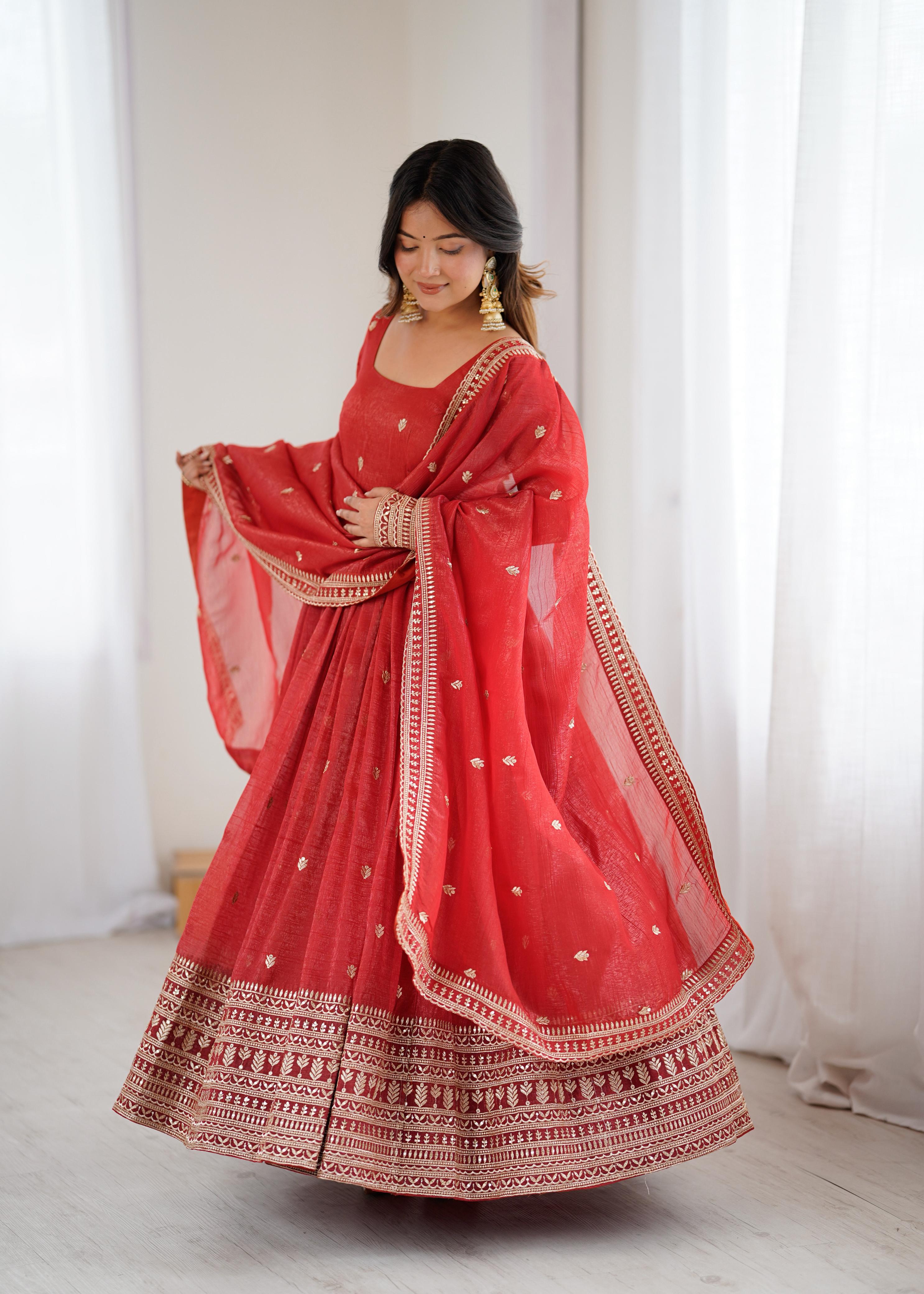 Rust Pure Crunchy Silk Anarkali Suit Set With Huge Flair & Dupatta