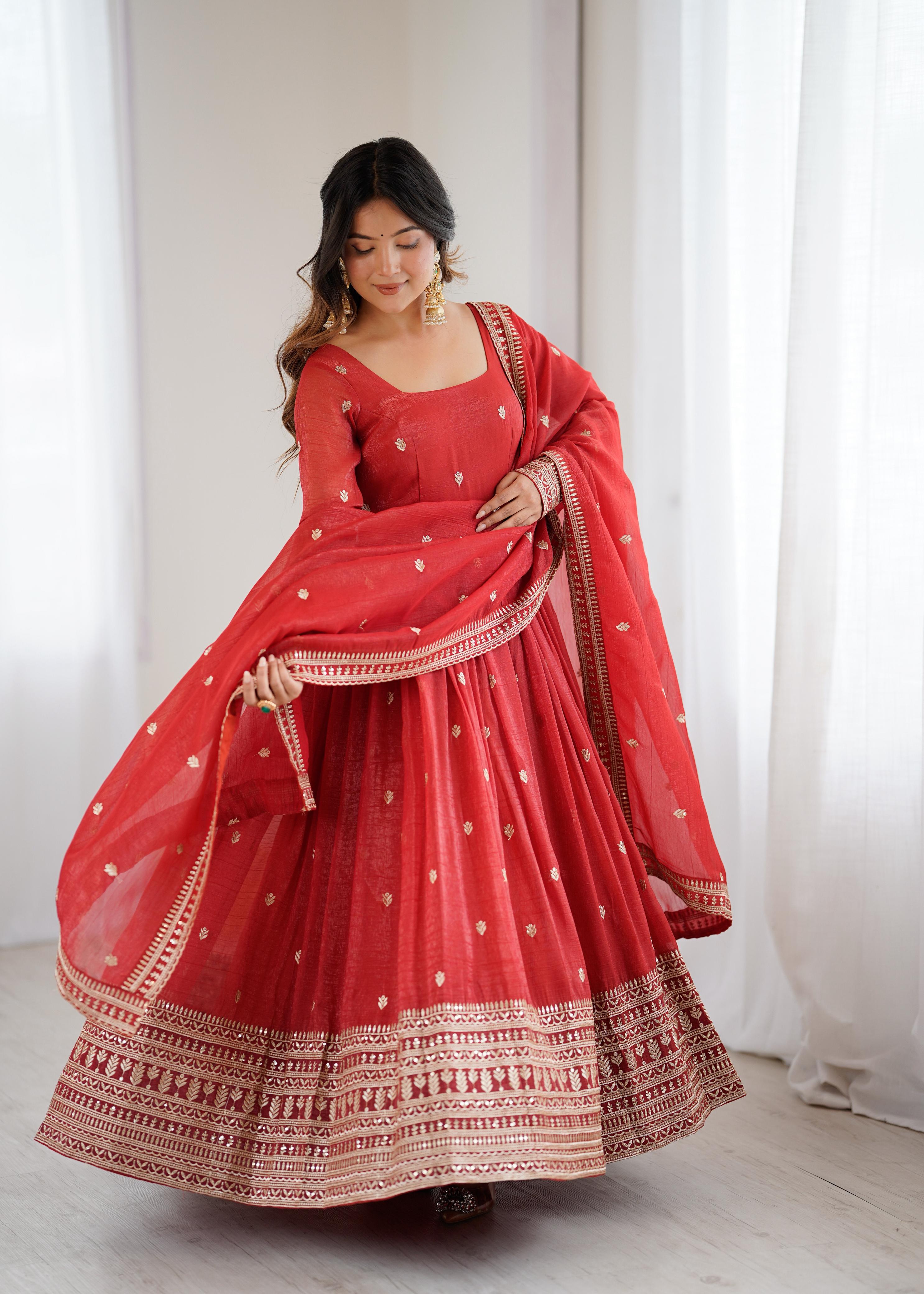 Rust Pure Crunchy Silk Anarkali Suit Set With Huge Flair & Dupatta