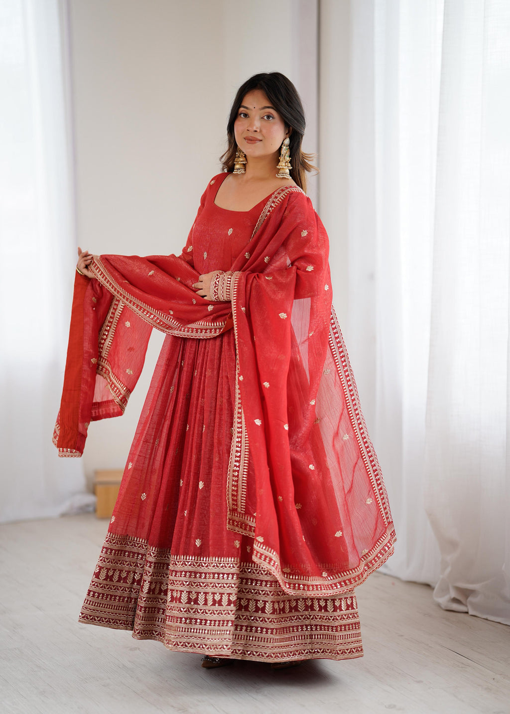 Rust Pure Crunchy Silk Anarkali Suit Set With Huge Flair & Dupatta