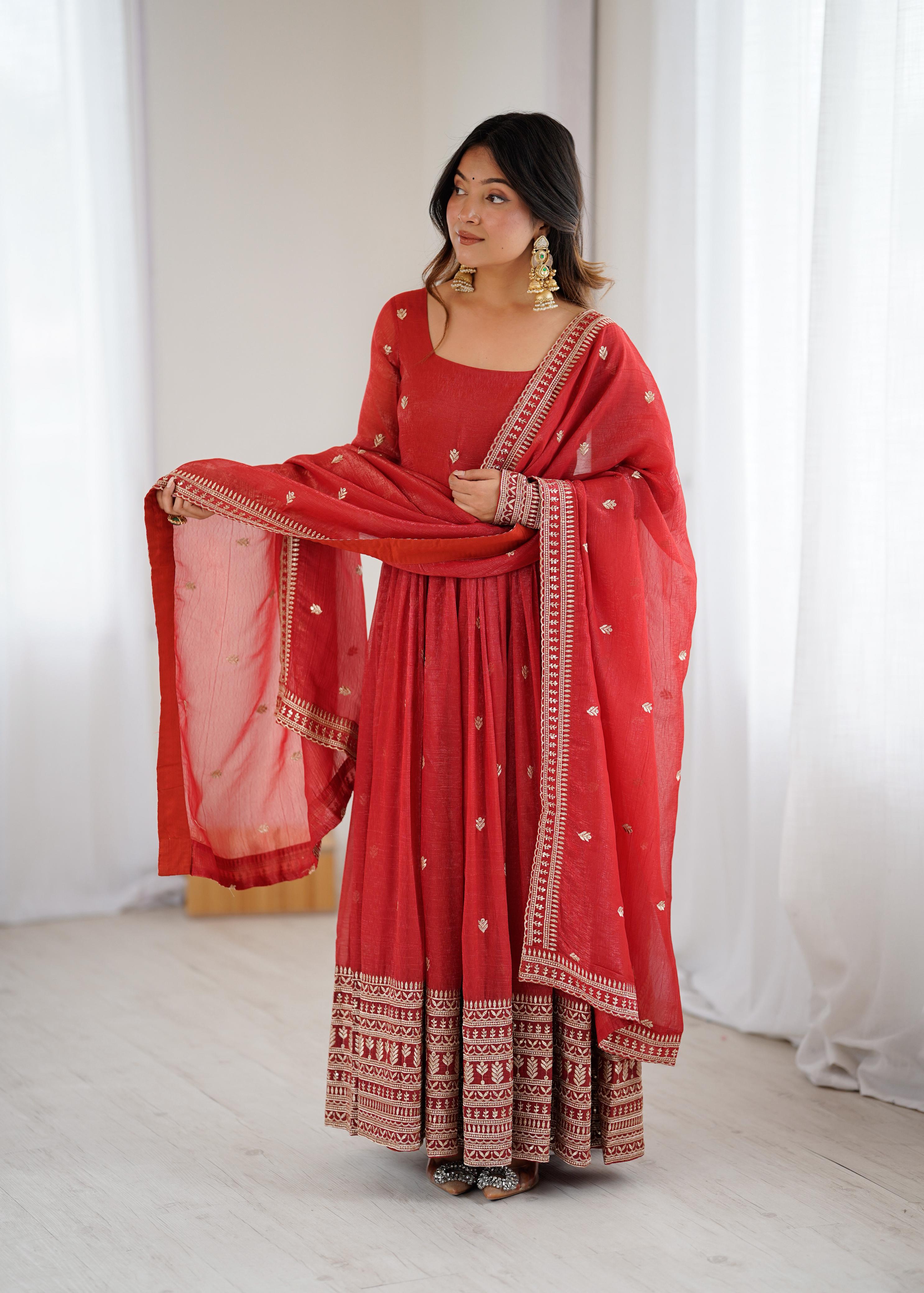 Rust Pure Crunchy Silk Anarkali Suit Set With Huge Flair & Dupatta