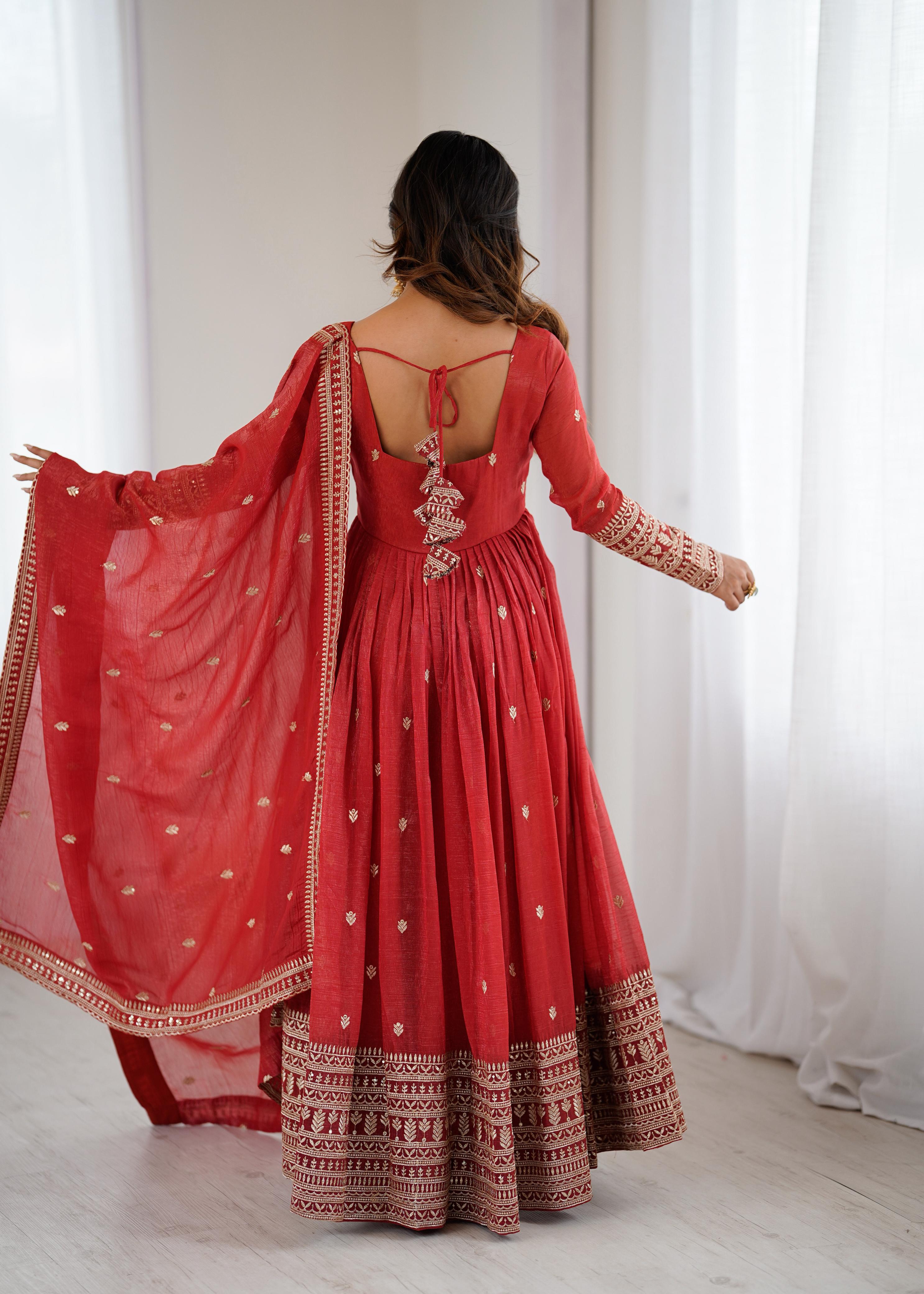 Rust Pure Crunchy Silk Anarkali Suit Set With Huge Flair & Dupatta