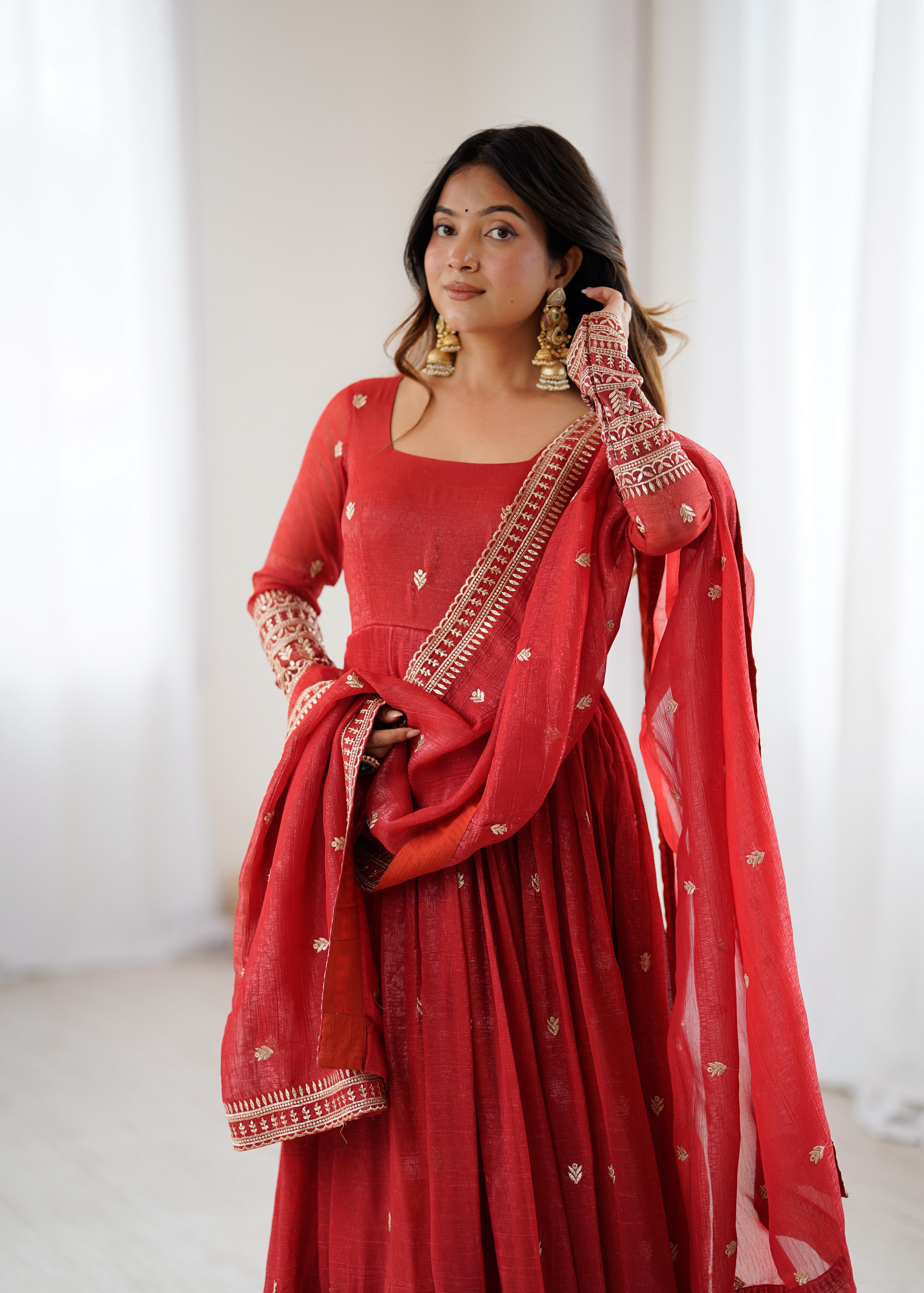 Rust Pure Crunchy Silk Anarkali Suit Set With Huge Flair & Dupatta