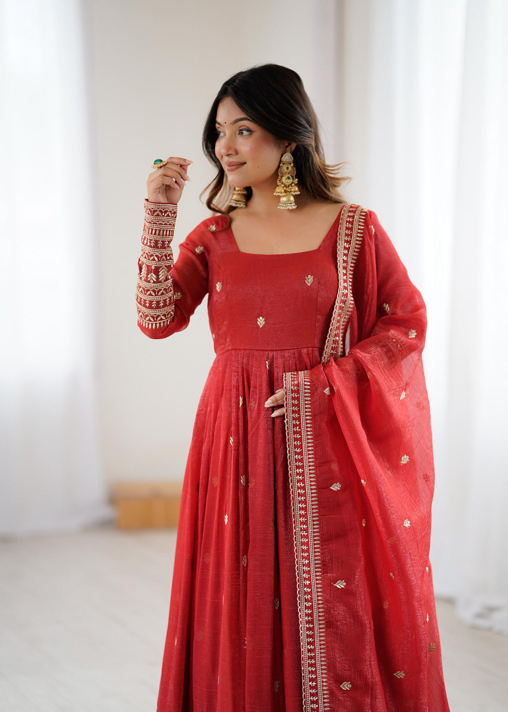 Rust Pure Crunchy Silk Anarkali Suit Set With Huge Flair & Dupatta