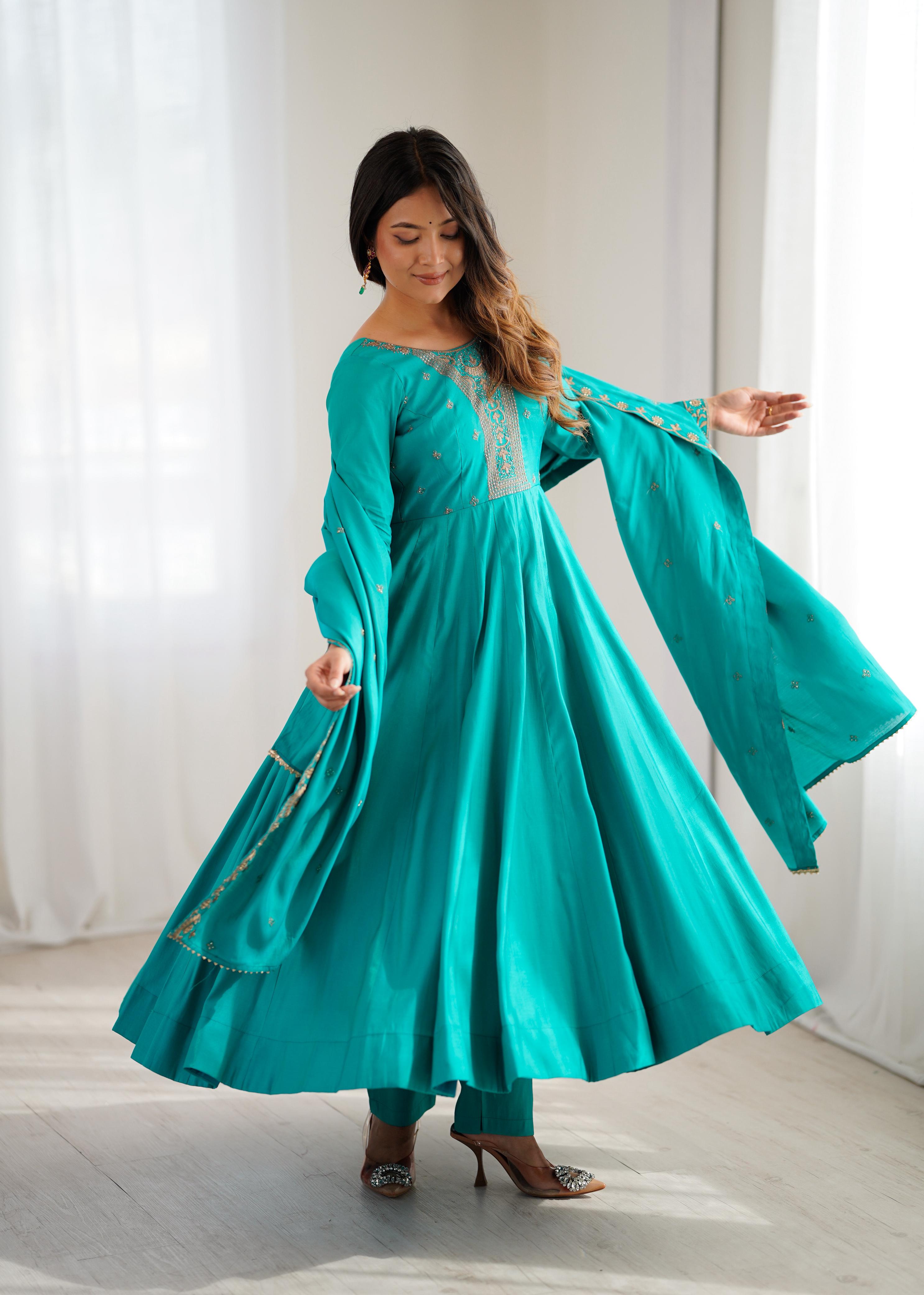 Rama Pure Roman Shimmer Chanderi Silk Anarkali Suit Set With Huge Flair, Dupatta & Pant