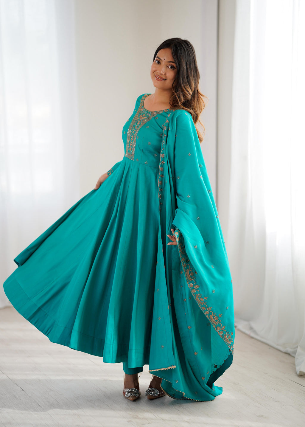 Rama Pure Roman Shimmer Chanderi Silk Anarkali Suit Set With Huge Flair, Dupatta & Pant