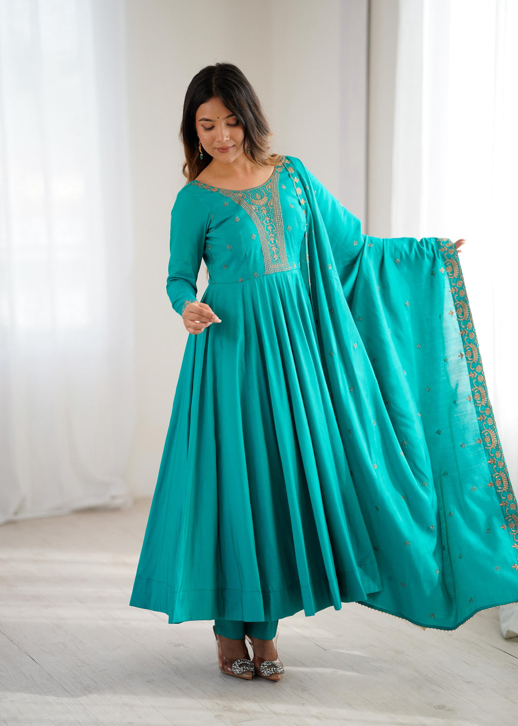 Rama Pure Roman Shimmer Chanderi Silk Anarkali Suit Set With Huge Flair, Dupatta & Pant