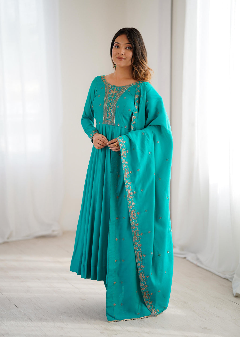 Rama Pure Roman Shimmer Chanderi Silk Anarkali Suit Set With Huge Flair, Dupatta & Pant
