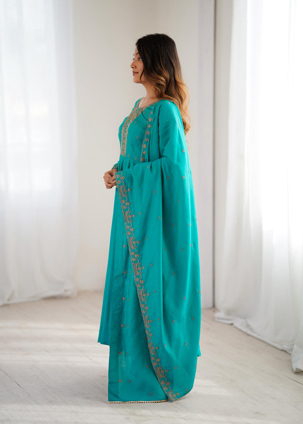 Rama Pure Roman Shimmer Chanderi Silk Anarkali Suit Set With Huge Flair, Dupatta & Pant