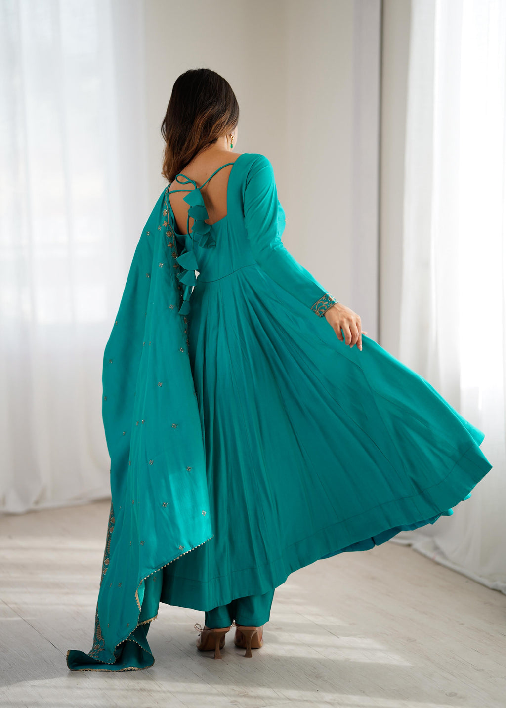 Rama Pure Roman Shimmer Chanderi Silk Anarkali Suit Set With Huge Flair, Dupatta & Pant