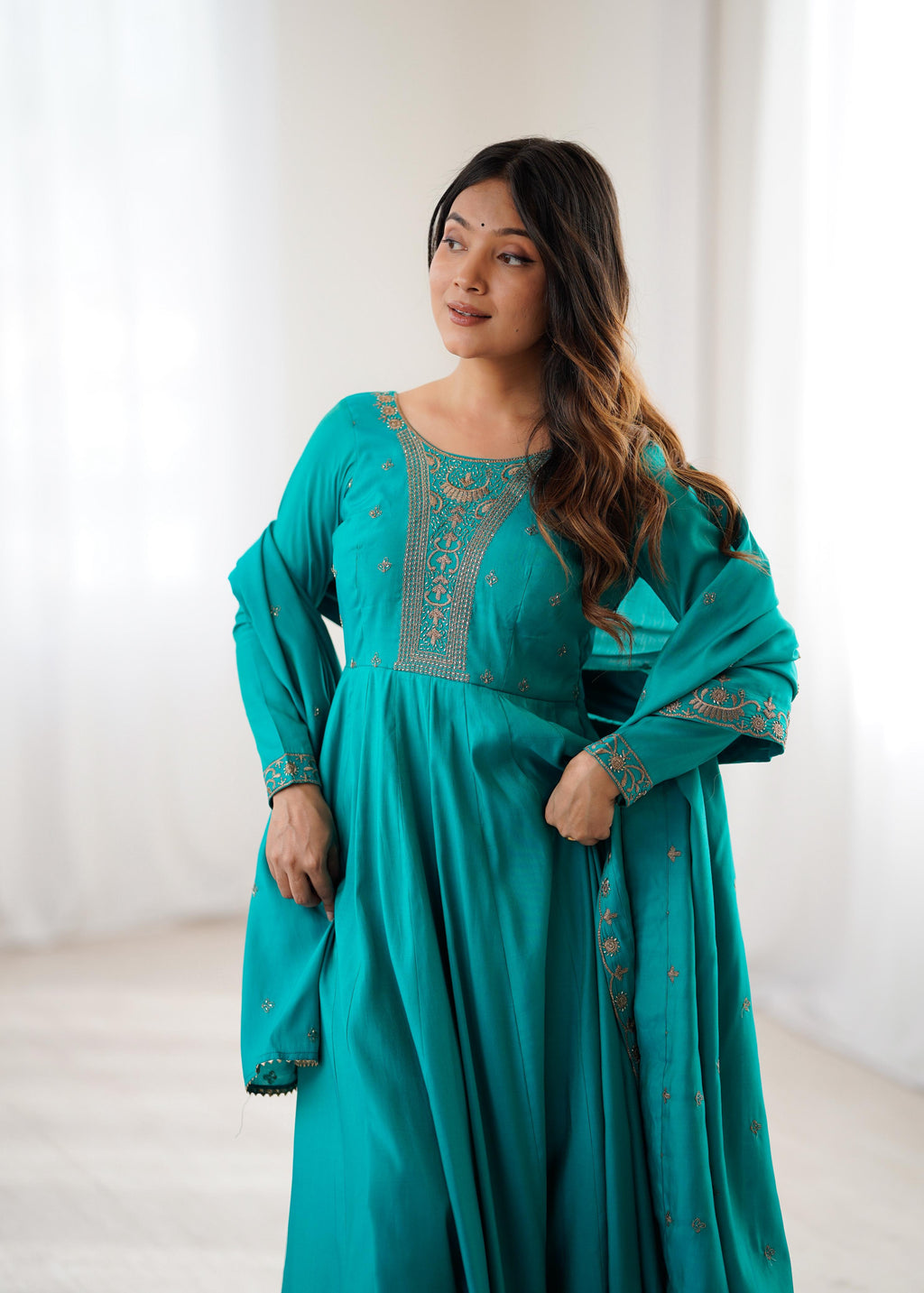 Rama Pure Roman Shimmer Chanderi Silk Anarkali Suit Set With Huge Flair, Dupatta & Pant