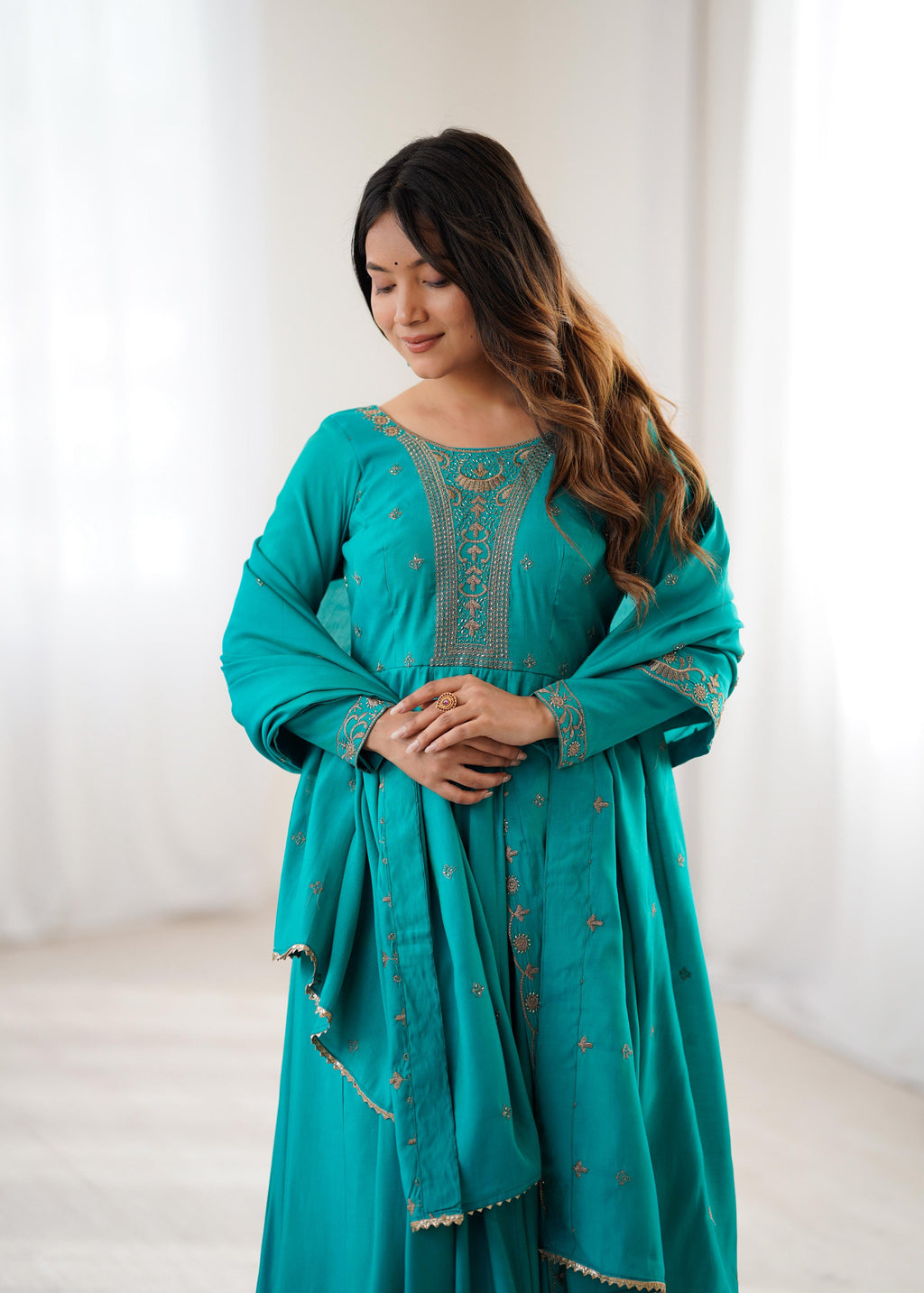 Rama Pure Roman Shimmer Chanderi Silk Anarkali Suit Set With Huge Flair, Dupatta & Pant
