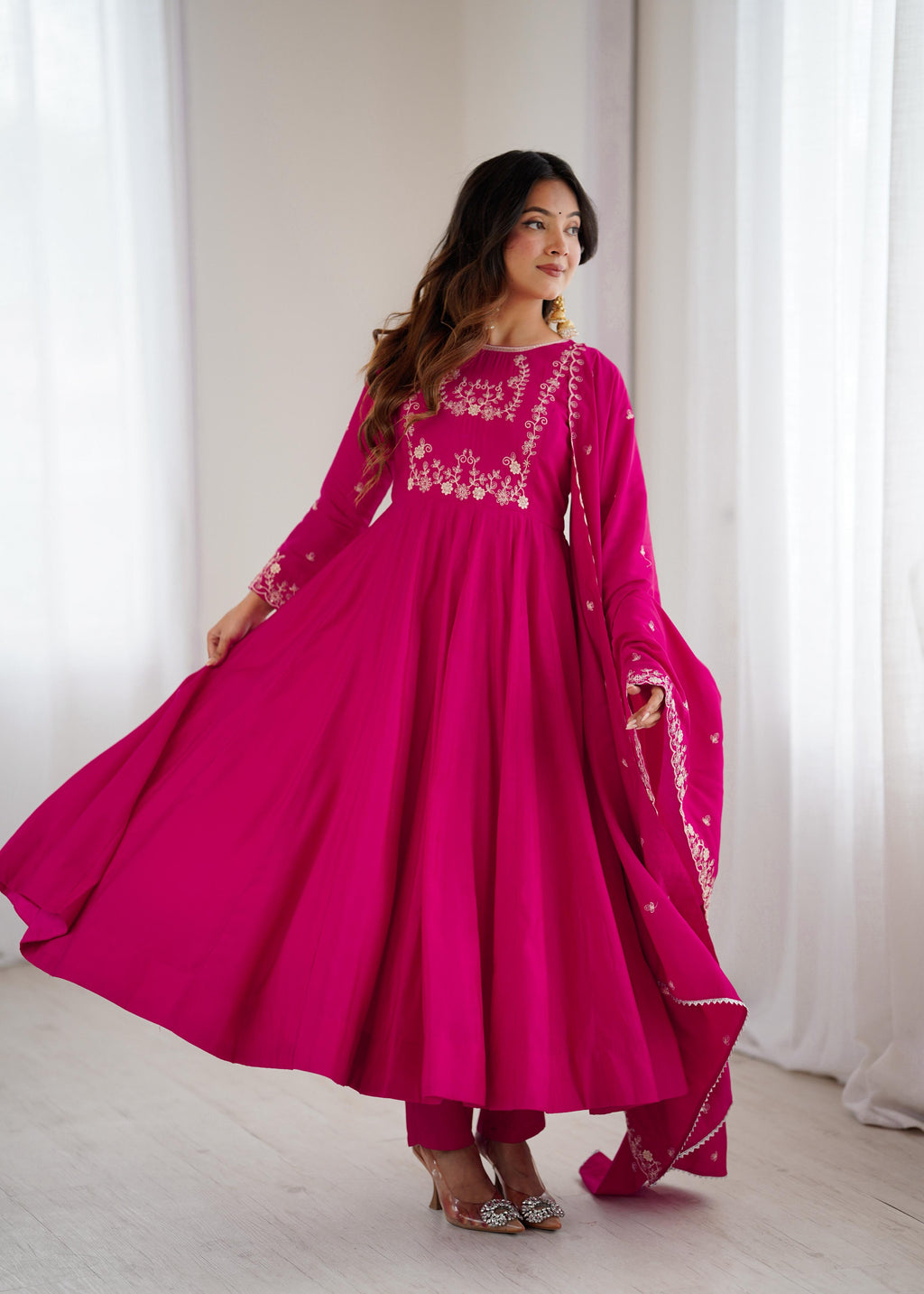 Dark Pink Pure Roman Chanderi Silk Anarkali Suit Set With Huge Flair, Dupatta & Pant
