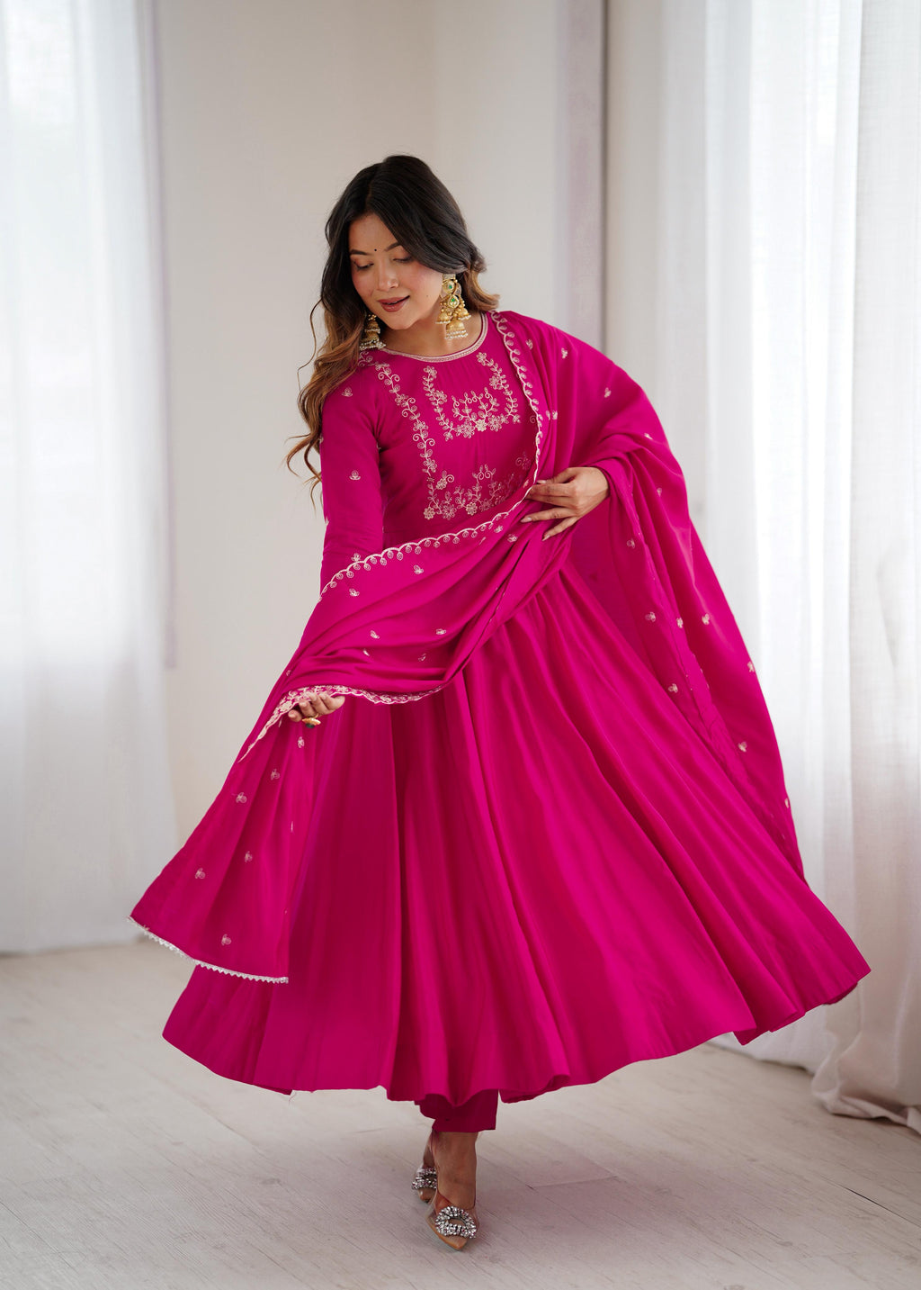 Dark Pink Pure Roman Chanderi Silk Anarkali Suit Set With Huge Flair, Dupatta & Pant