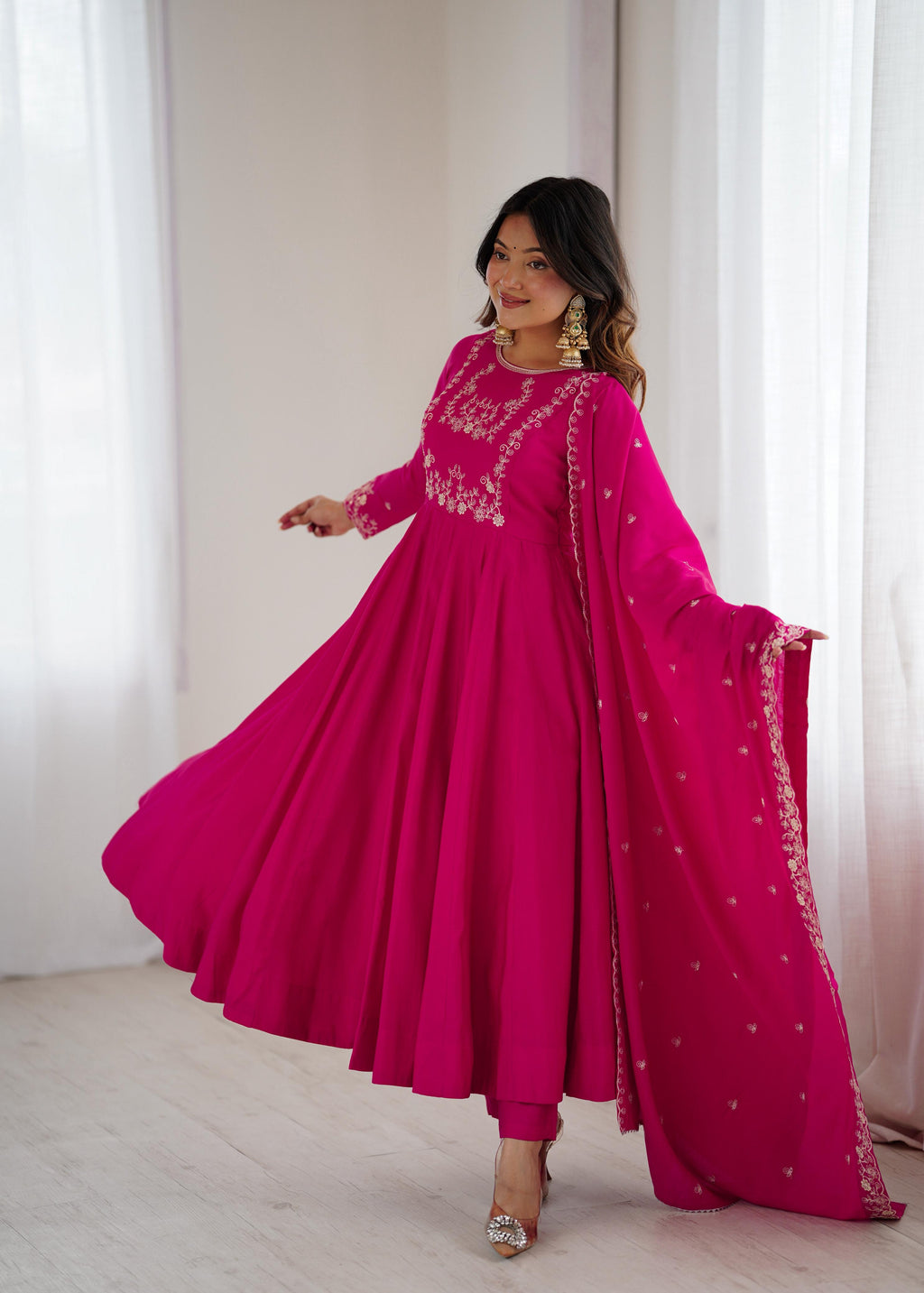 Dark Pink Pure Roman Chanderi Silk Anarkali Suit Set With Huge Flair, Dupatta & Pant