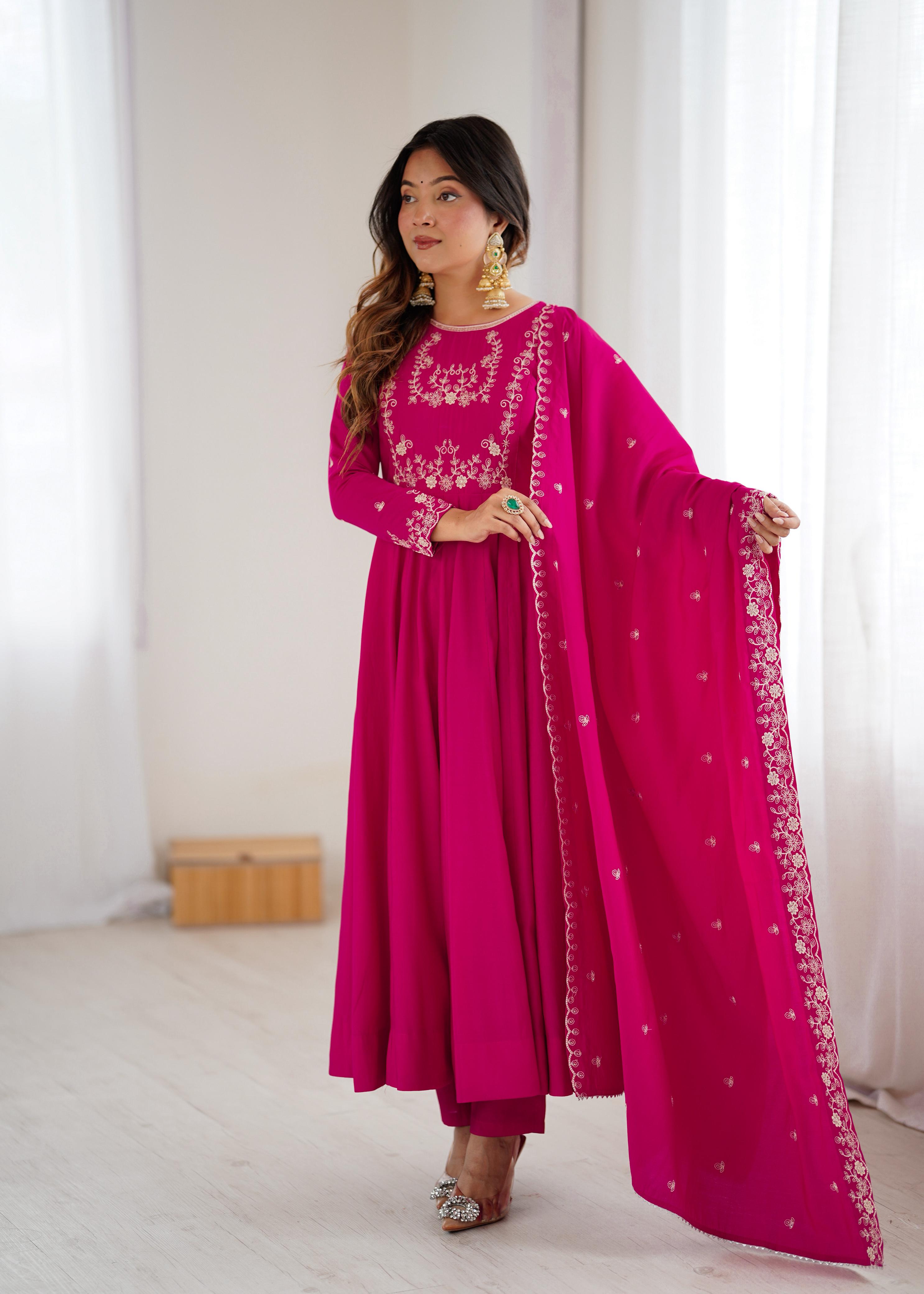 Dark Pink Pure Roman Chanderi Silk Anarkali Suit Set With Huge Flair, Dupatta & Pant