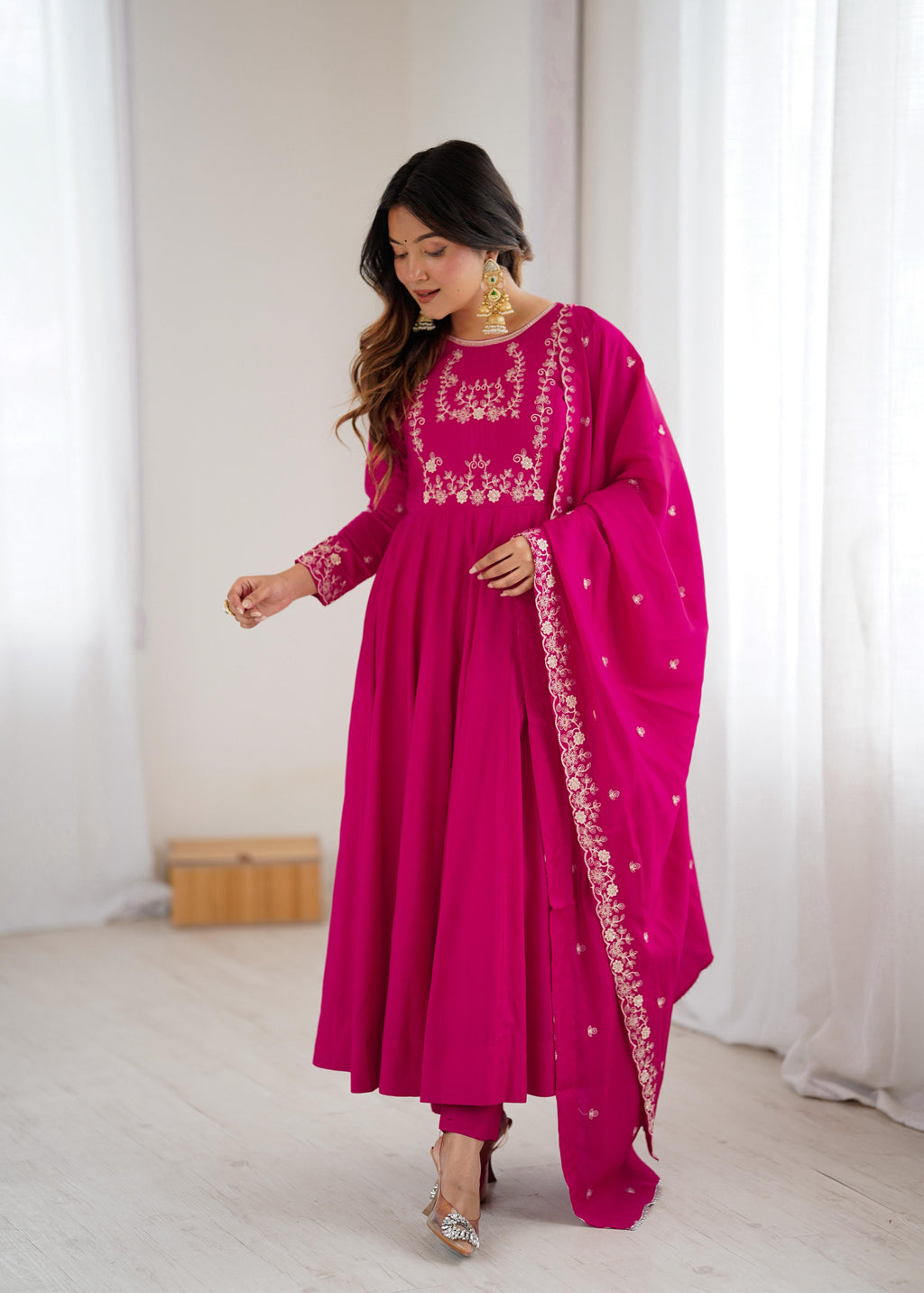 Dark Pink Pure Roman Chanderi Silk Anarkali Suit Set With Huge Flair, Dupatta & Pant
