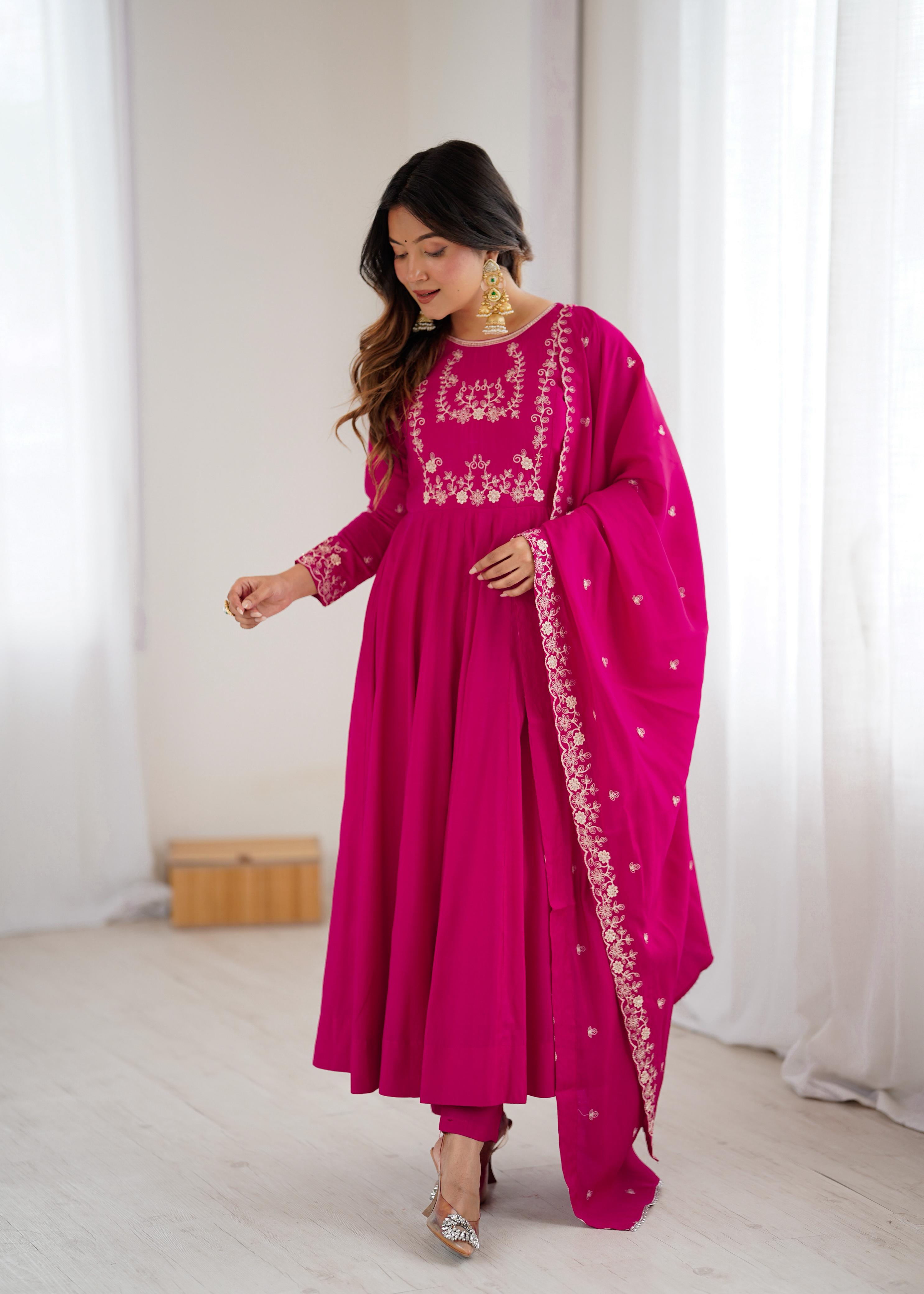 Dark Pink Pure Roman Chanderi Silk Anarkali Suit Set With Huge Flair, Dupatta & Pant