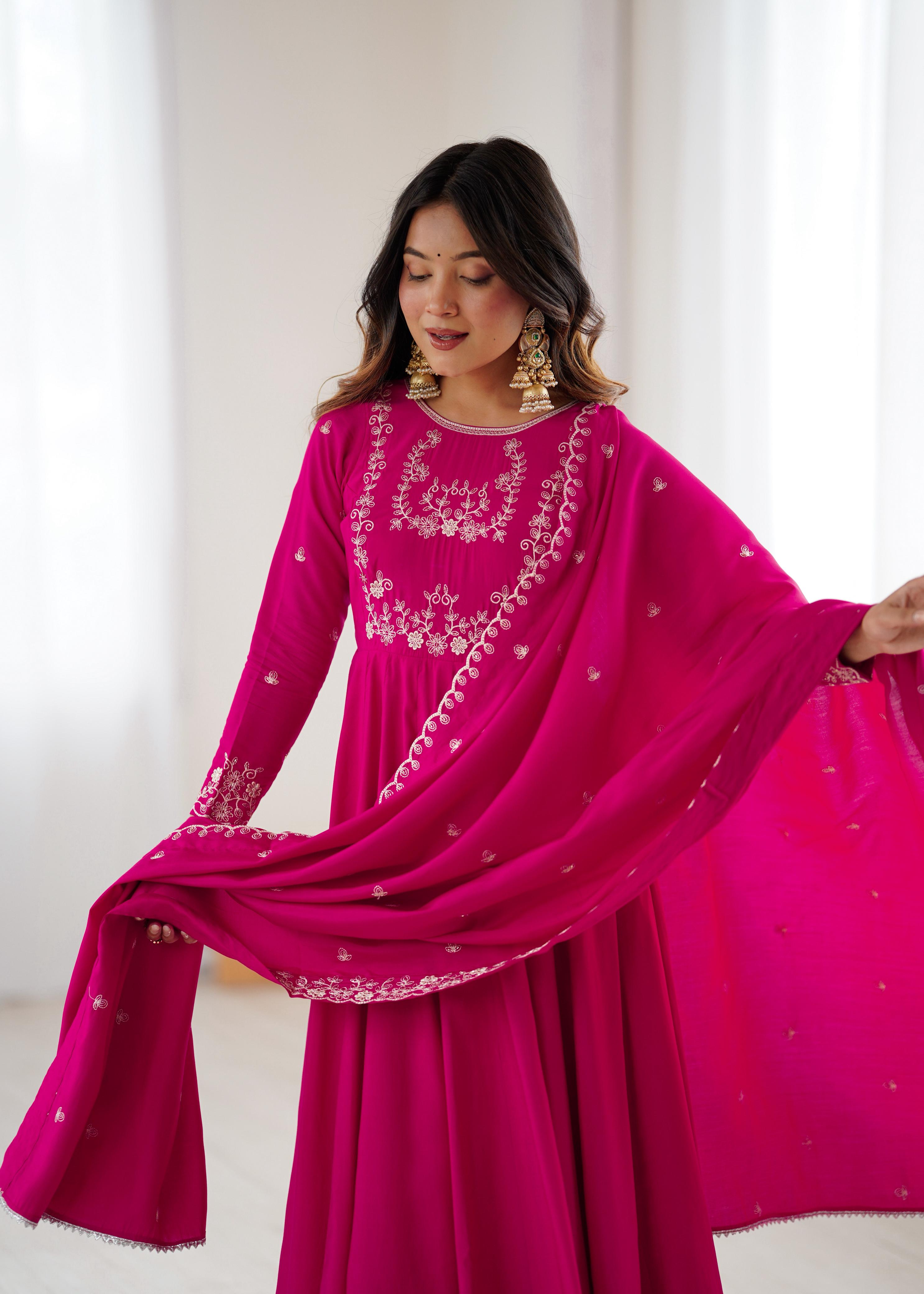 Dark Pink Pure Roman Chanderi Silk Anarkali Suit Set With Huge Flair, Dupatta & Pant