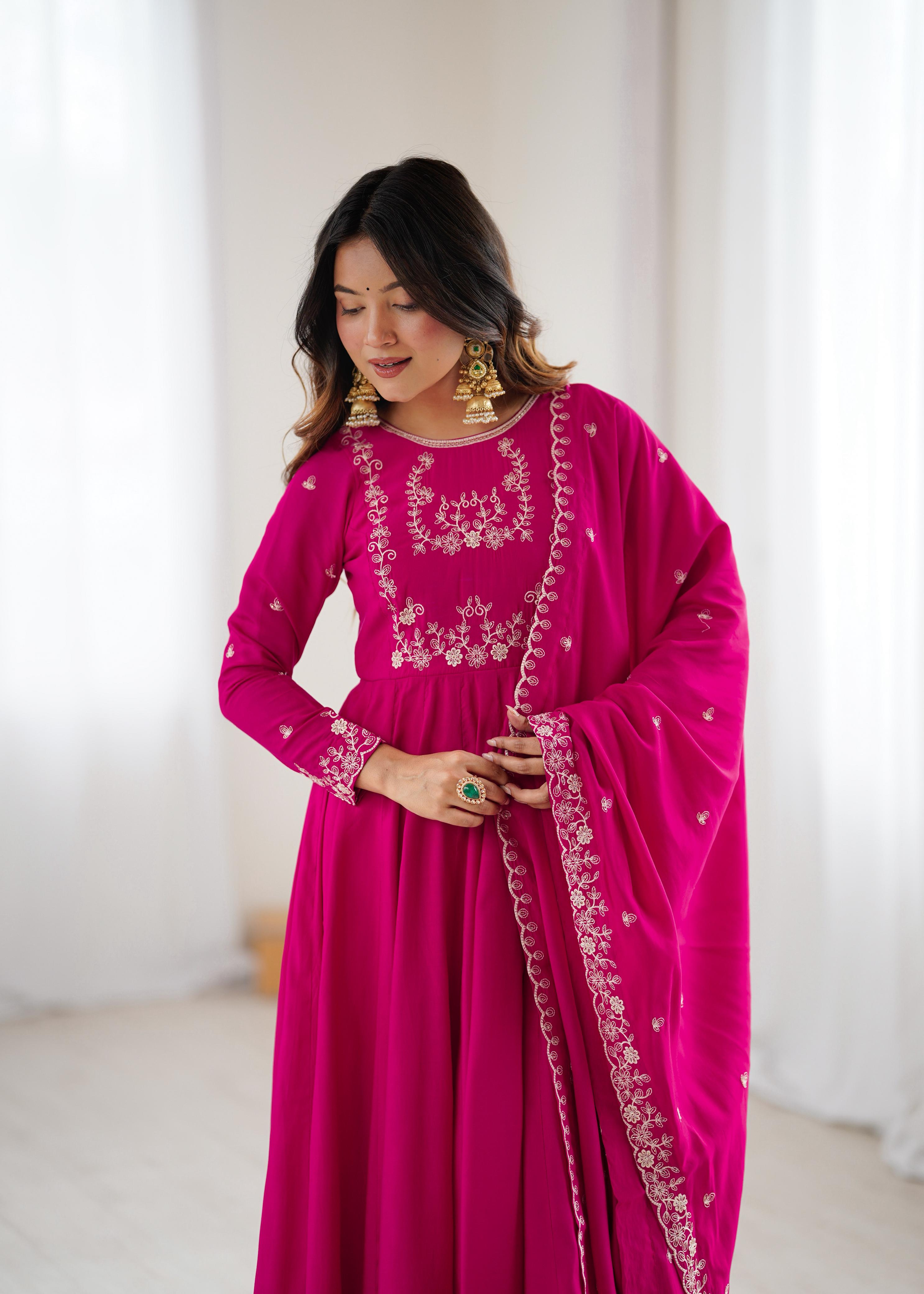 Dark Pink Pure Roman Chanderi Silk Anarkali Suit Set With Huge Flair, Dupatta & Pant