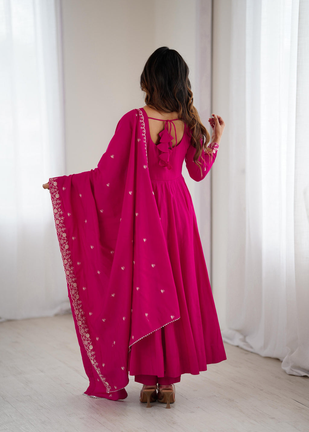 Dark Pink Pure Roman Chanderi Silk Anarkali Suit Set With Huge Flair, Dupatta & Pant