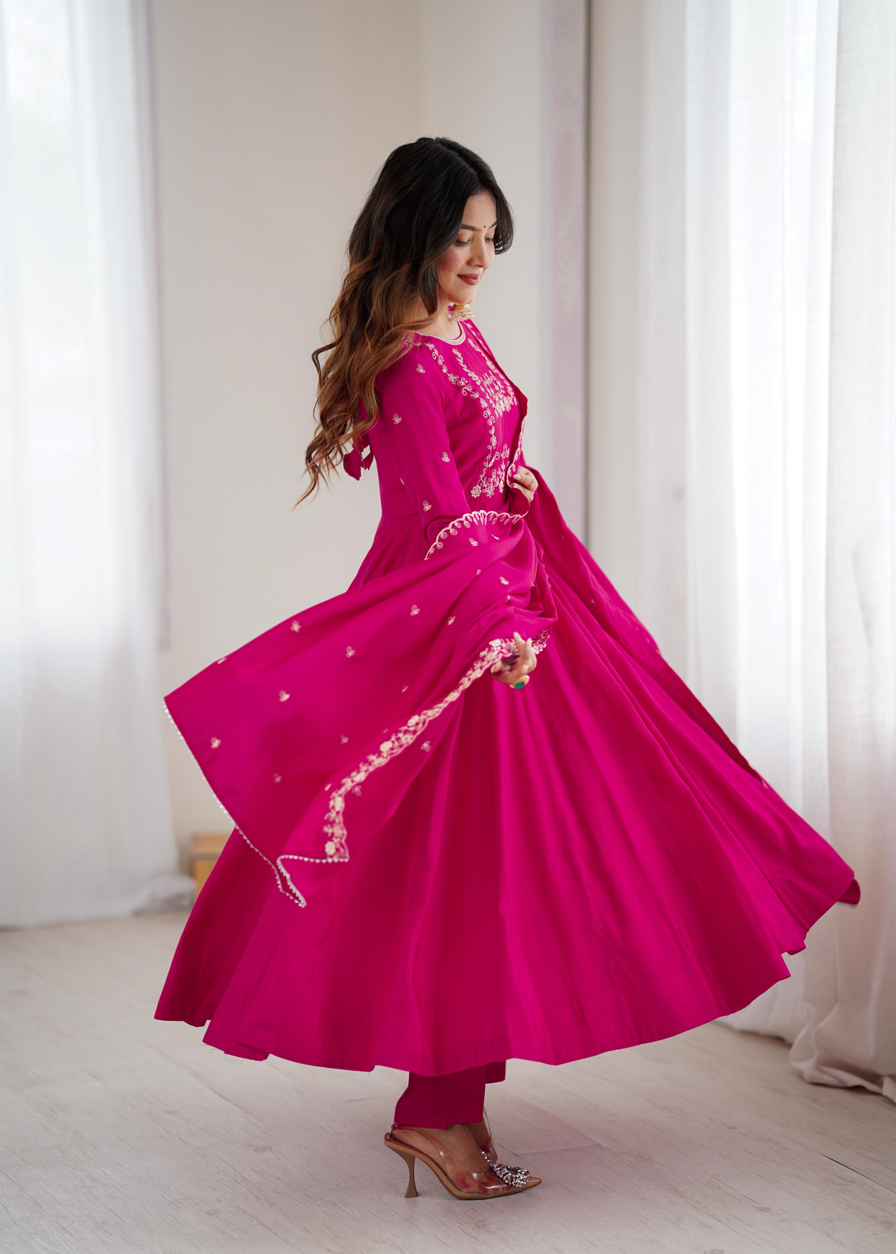 Dark Pink Pure Roman Chanderi Silk Anarkali Suit Set With Huge Flair, Dupatta & Pant