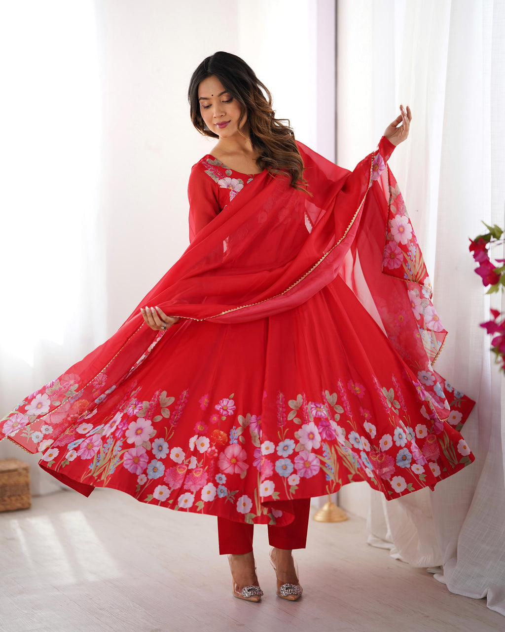 Red Soft Organza Anarkali Lehenga Suit Set with Huge Flair for Festive Wear