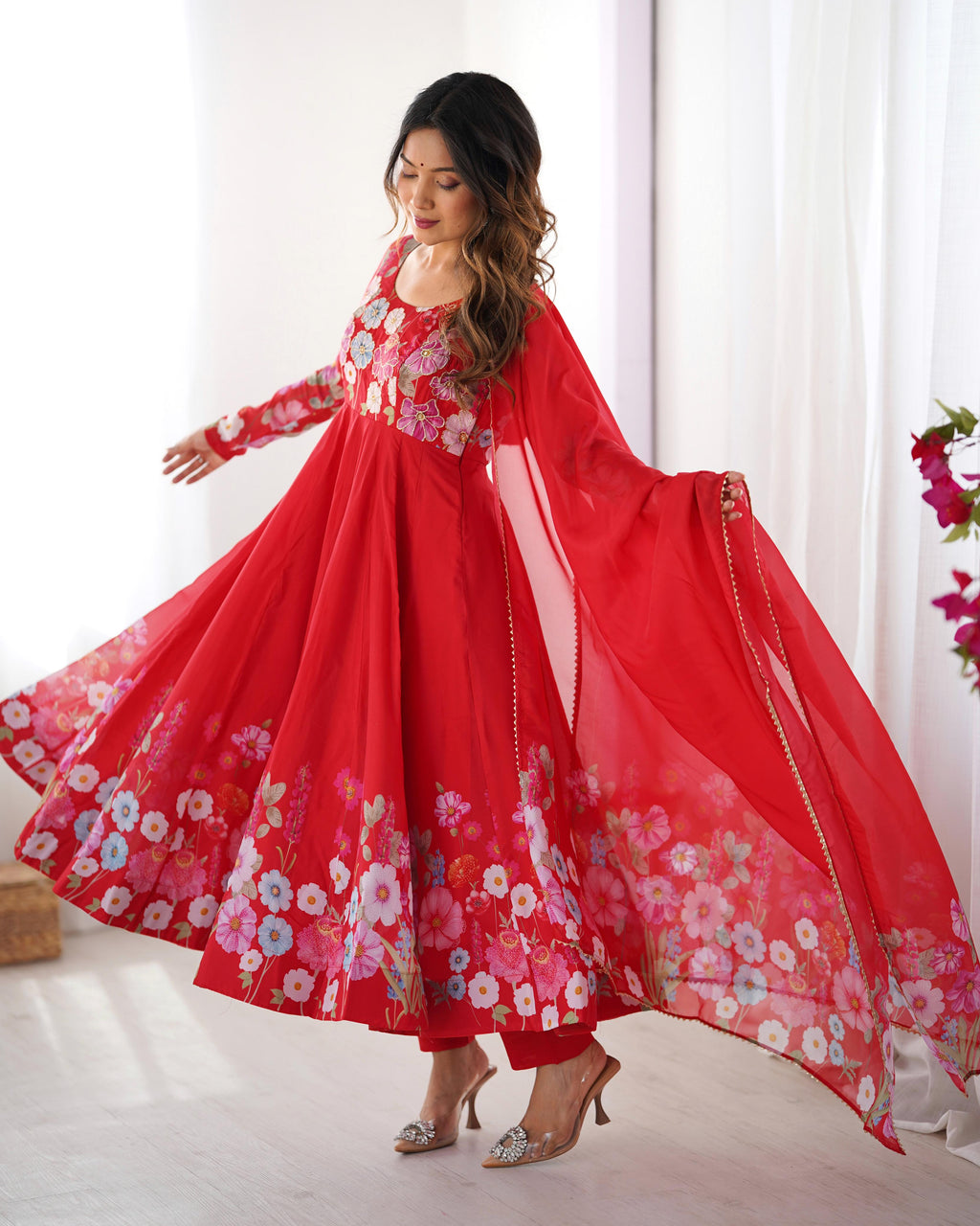 Red Soft Organza Anarkali Lehenga Suit Set with Huge Flair for Festive Wear