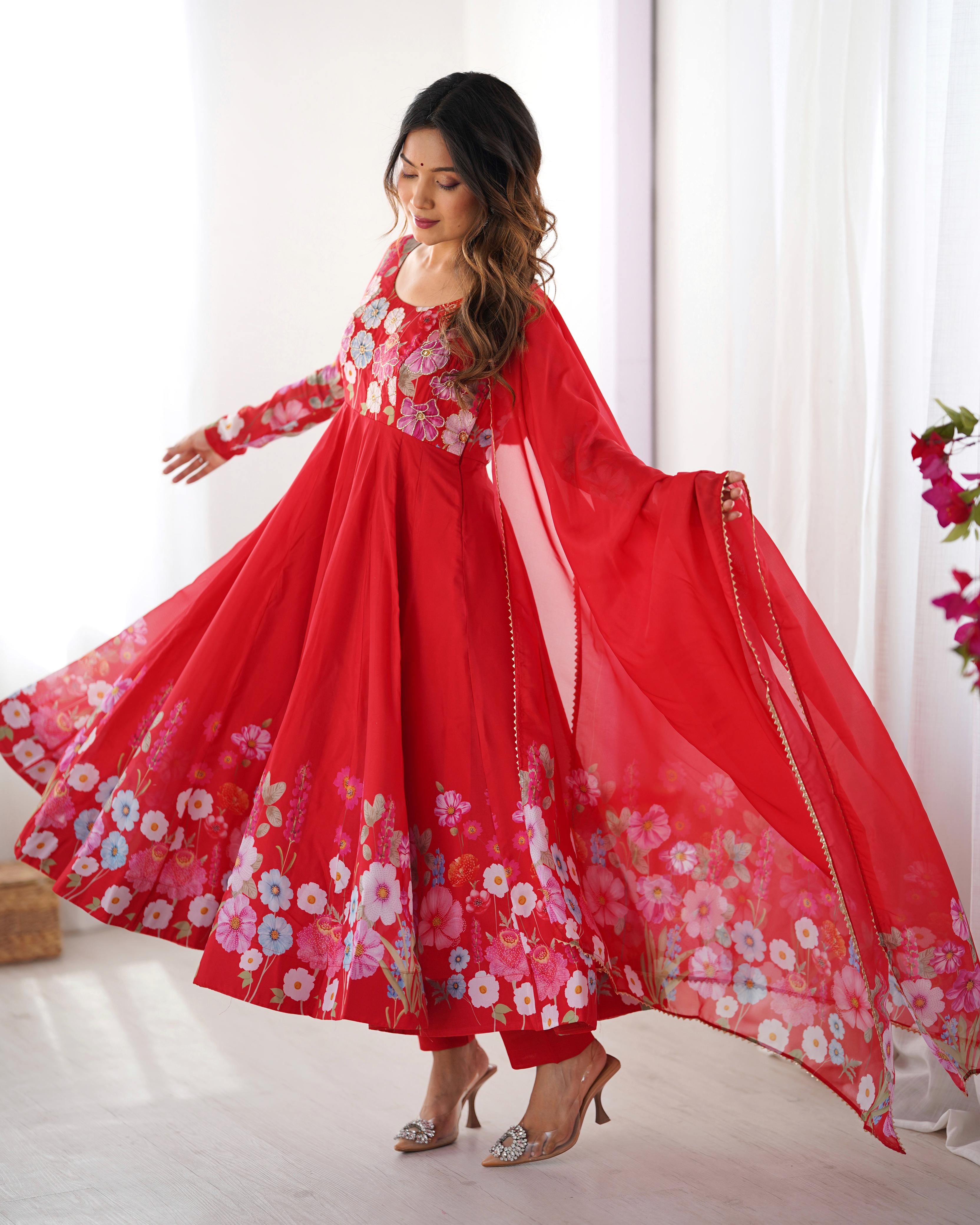 Red Soft Organza Anarkali Lehenga Suit Set with Huge Flair for Festive Wear