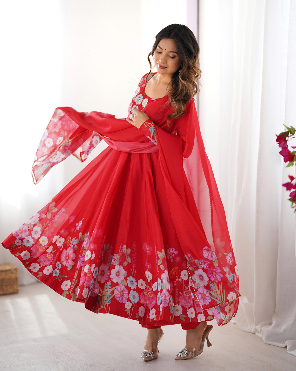 Red Soft Organza Anarkali Lehenga Suit Set with Huge Flair for Festive Wear