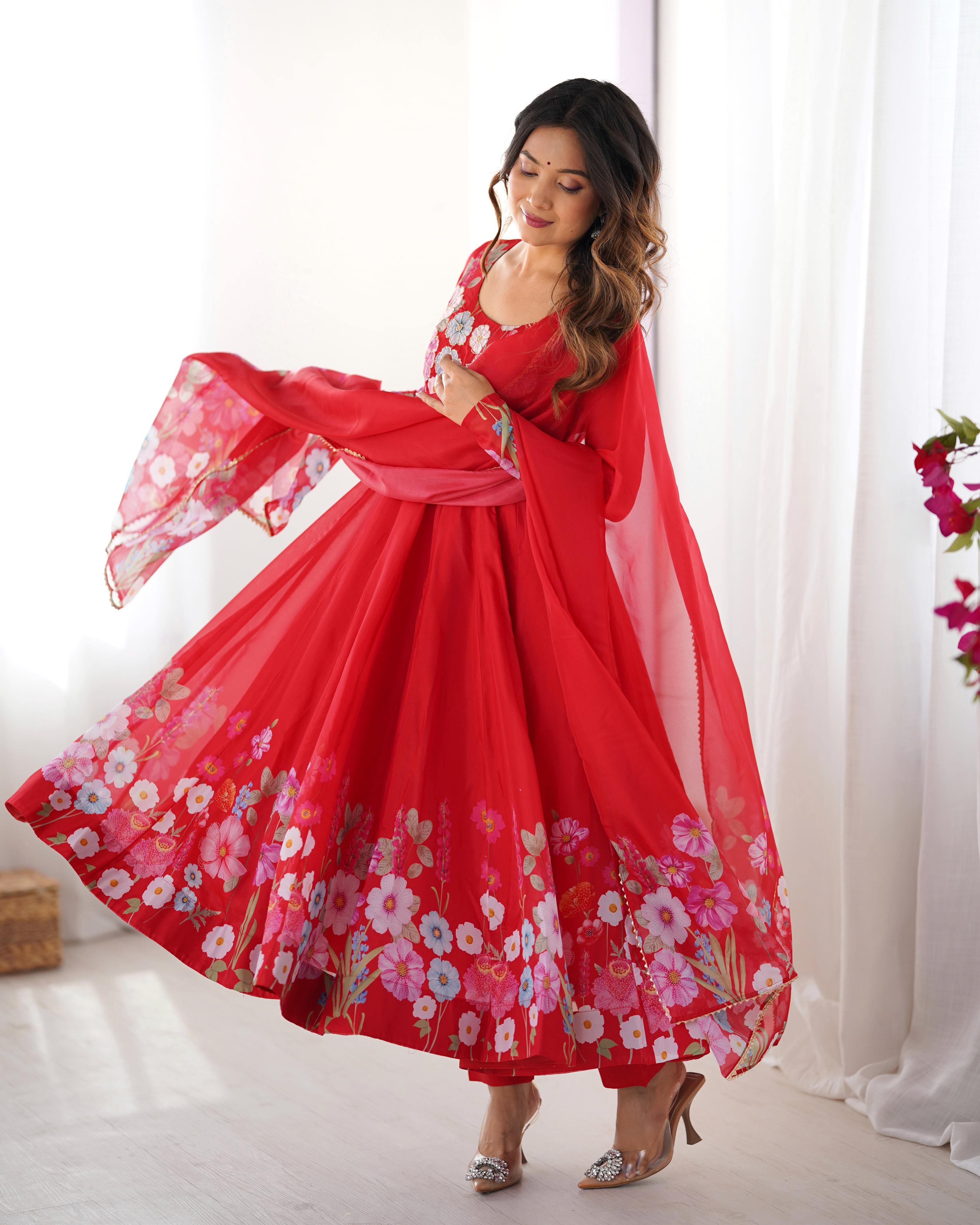 Red Soft Organza Anarkali Lehenga Suit Set with Huge Flair for Festive Wear