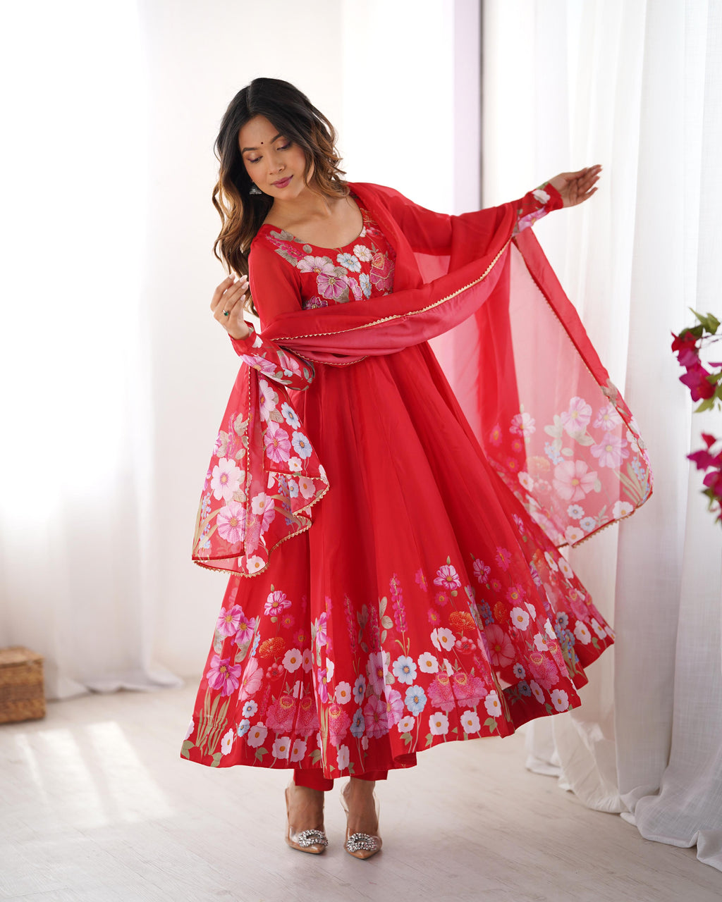 Red Soft Organza Anarkali Lehenga Suit Set with Huge Flair for Festive Wear