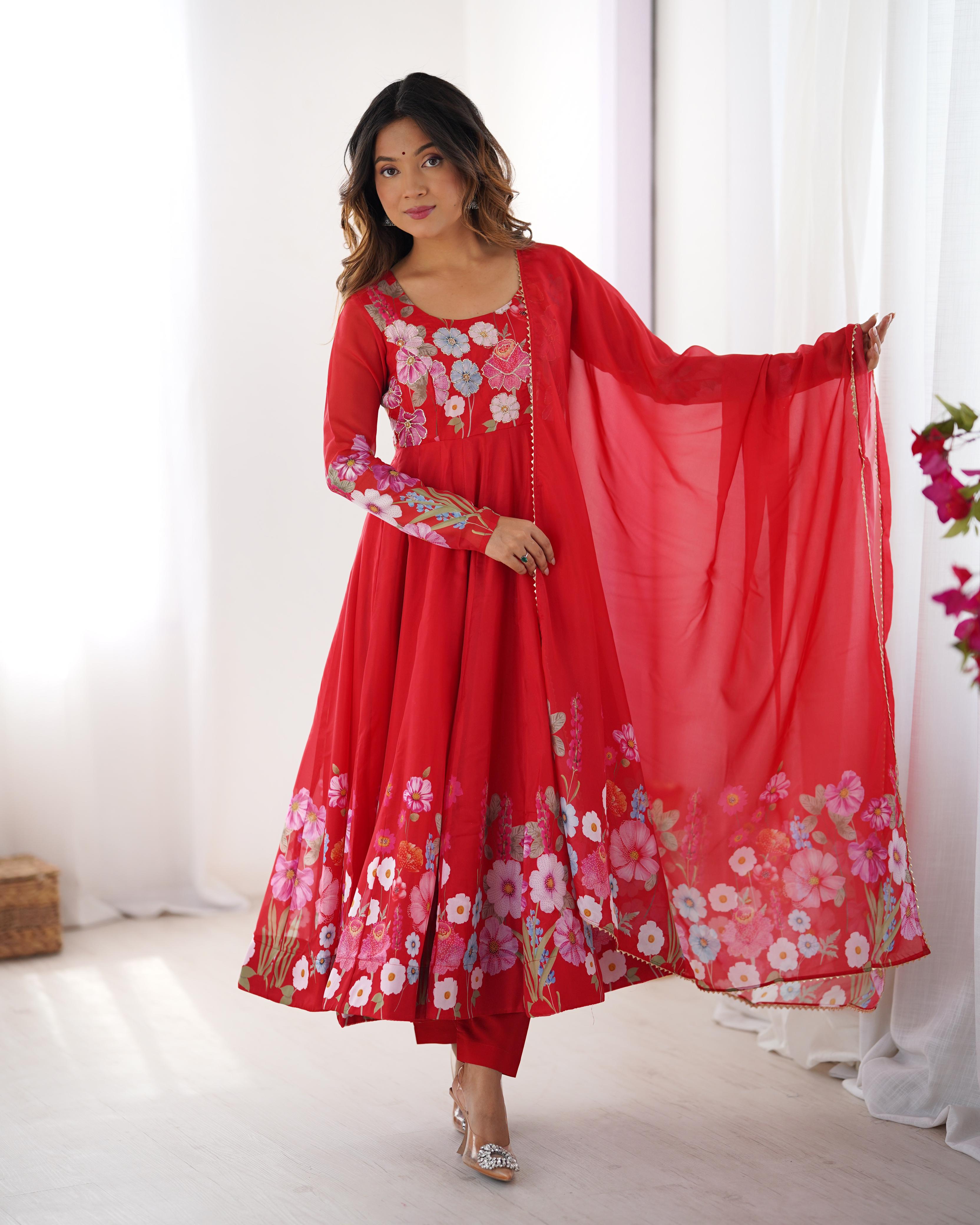 Red Soft Organza Anarkali Lehenga Suit Set with Huge Flair for Festive Wear