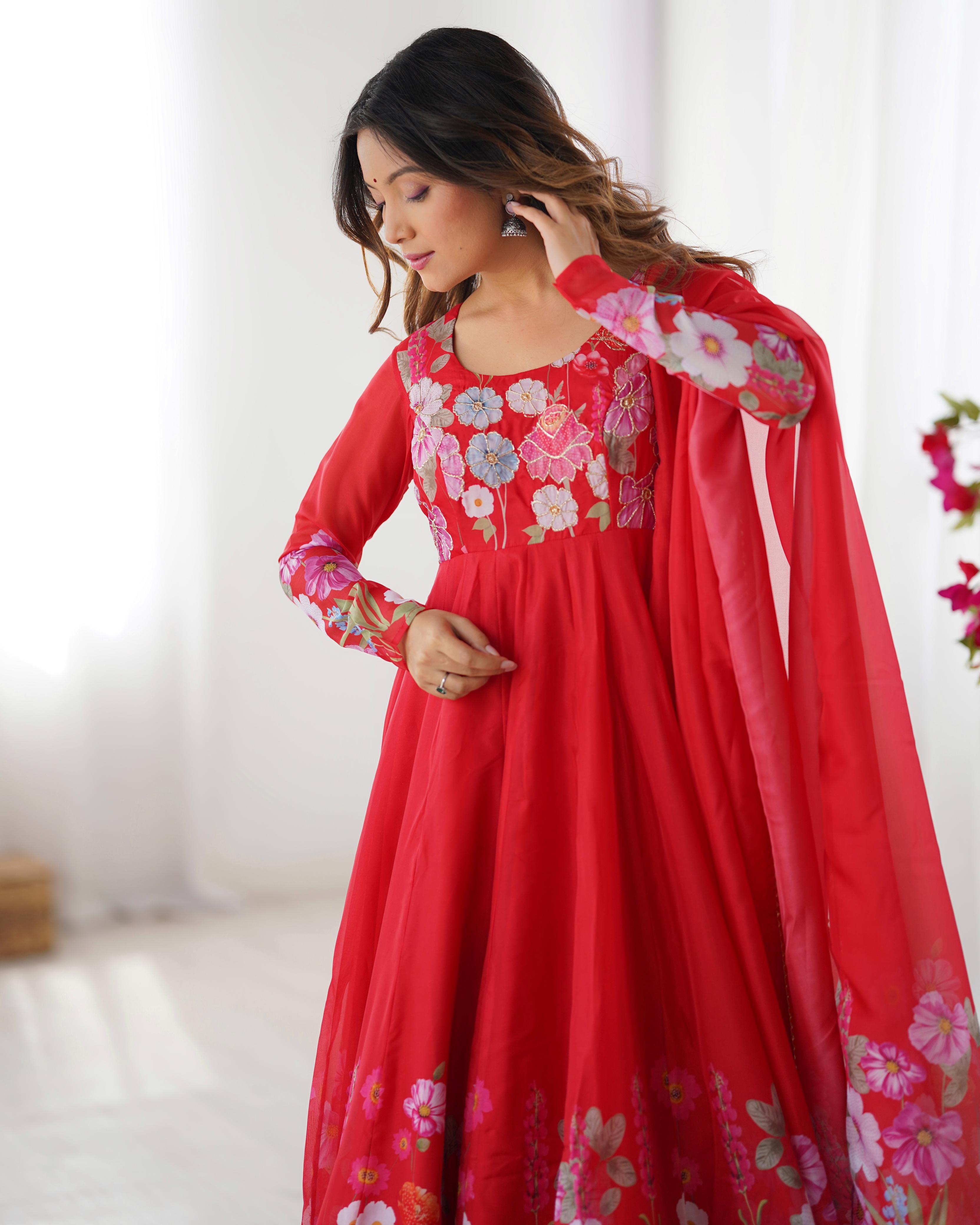 Red Soft Organza Anarkali Lehenga Suit Set with Huge Flair for Festive Wear